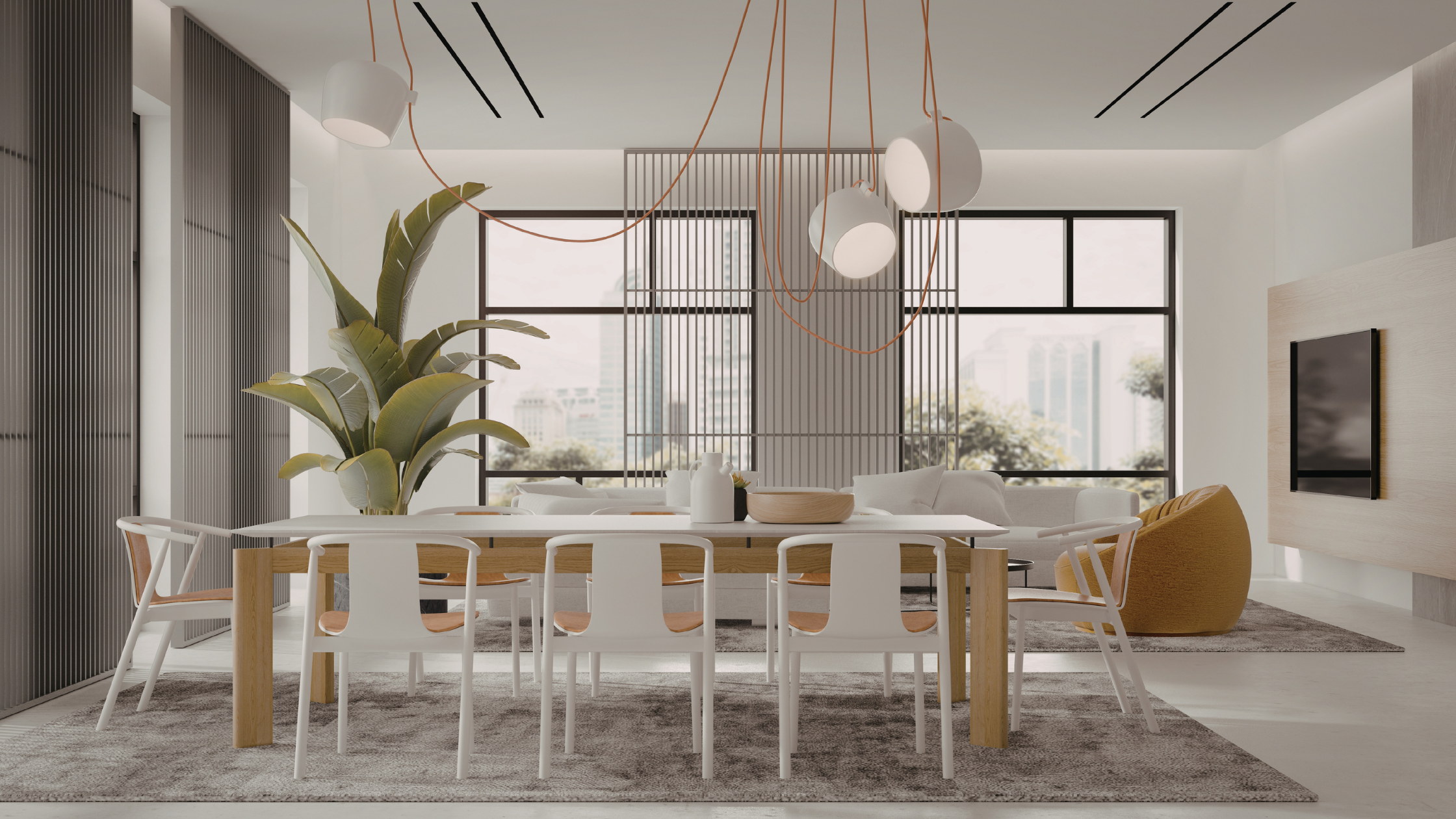 Modern open-concept living and dining room with large windows, minimalist decor, a white dining table, white chairs, a yellow armchair, a large leafy plant, pendant lighting, and a flat-screen TV.