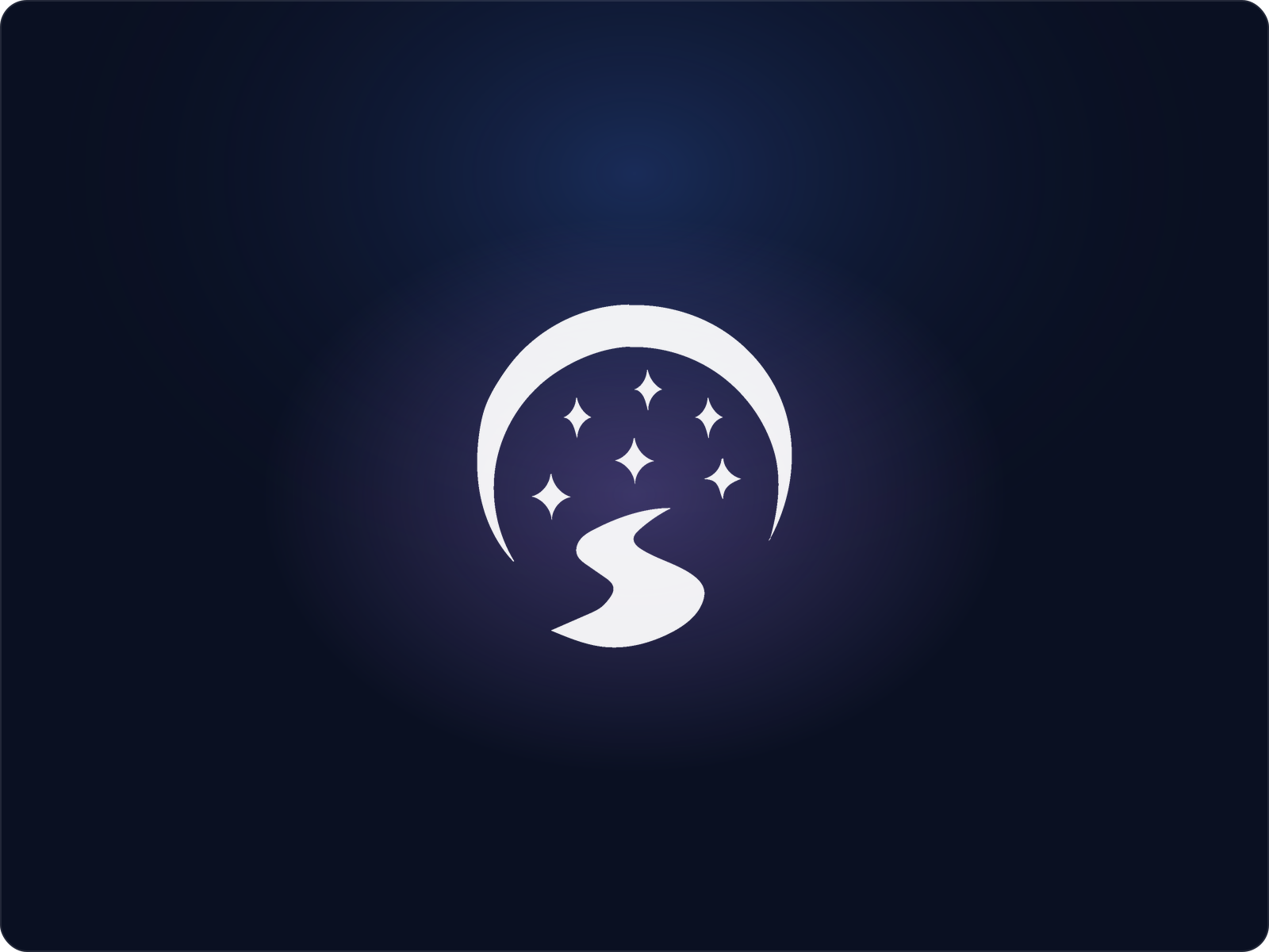 Nighttime logo with crescent moon, road, stars, and moon in dark background.