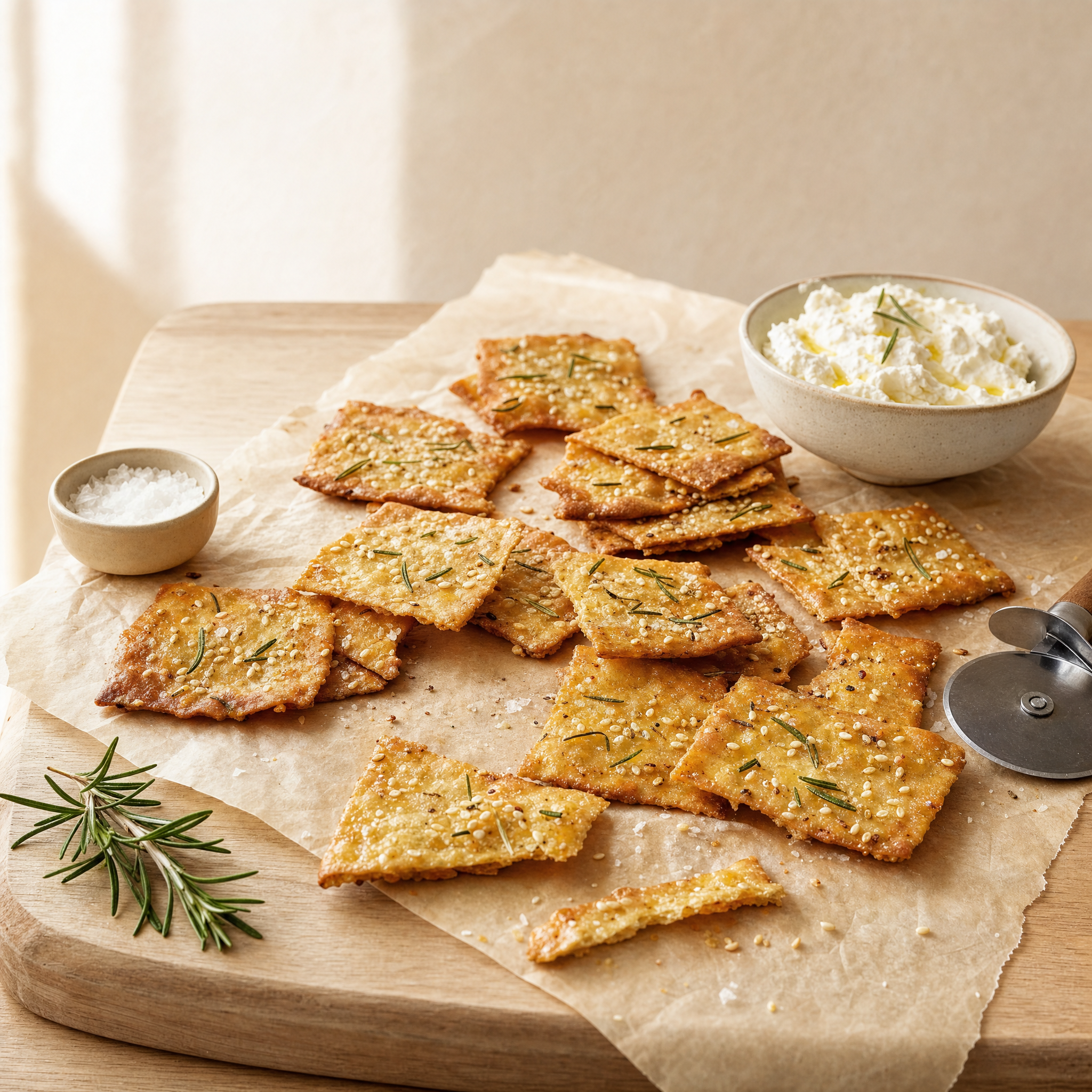 Homemade sourdough discard crackers with rosemary and flaky salt