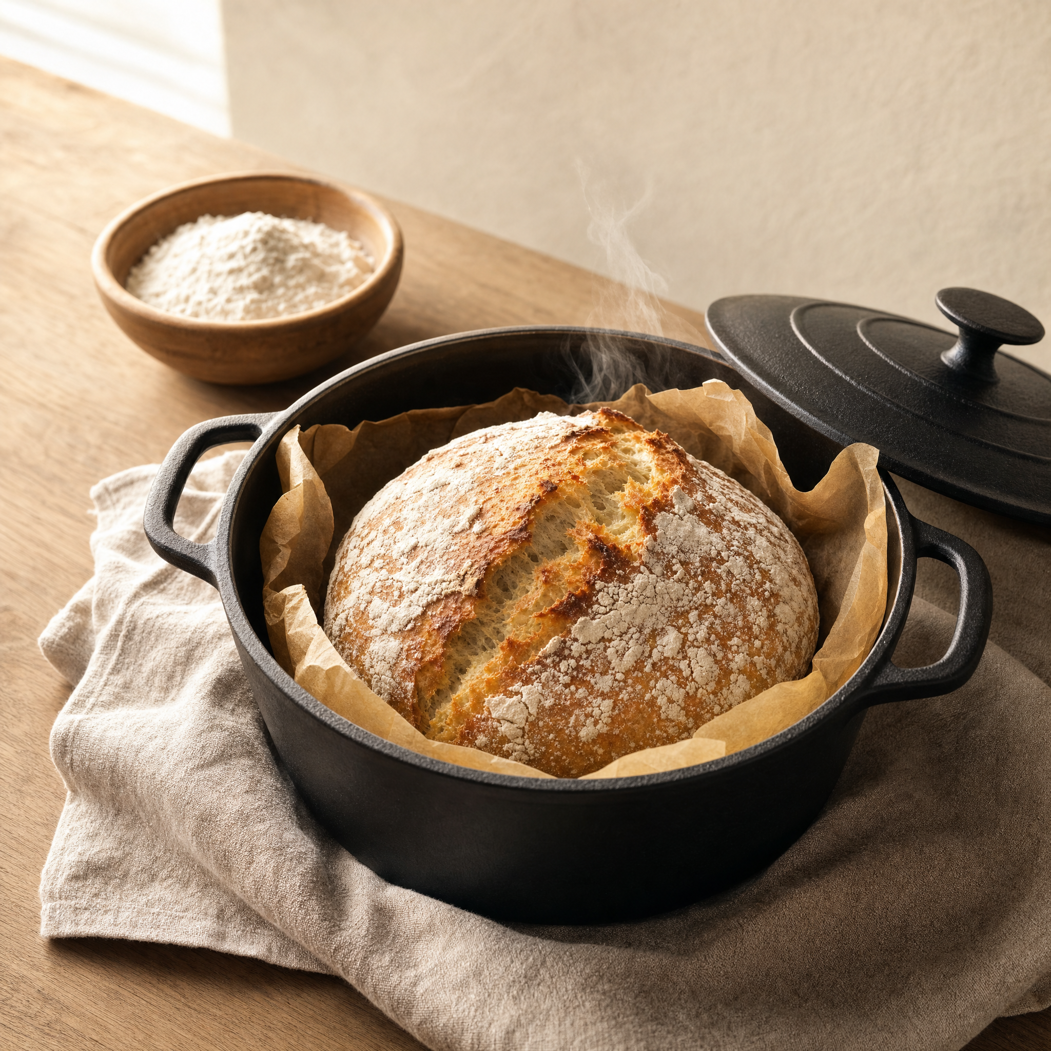 No-knead artisan loaf in a cast-iron Dutch oven