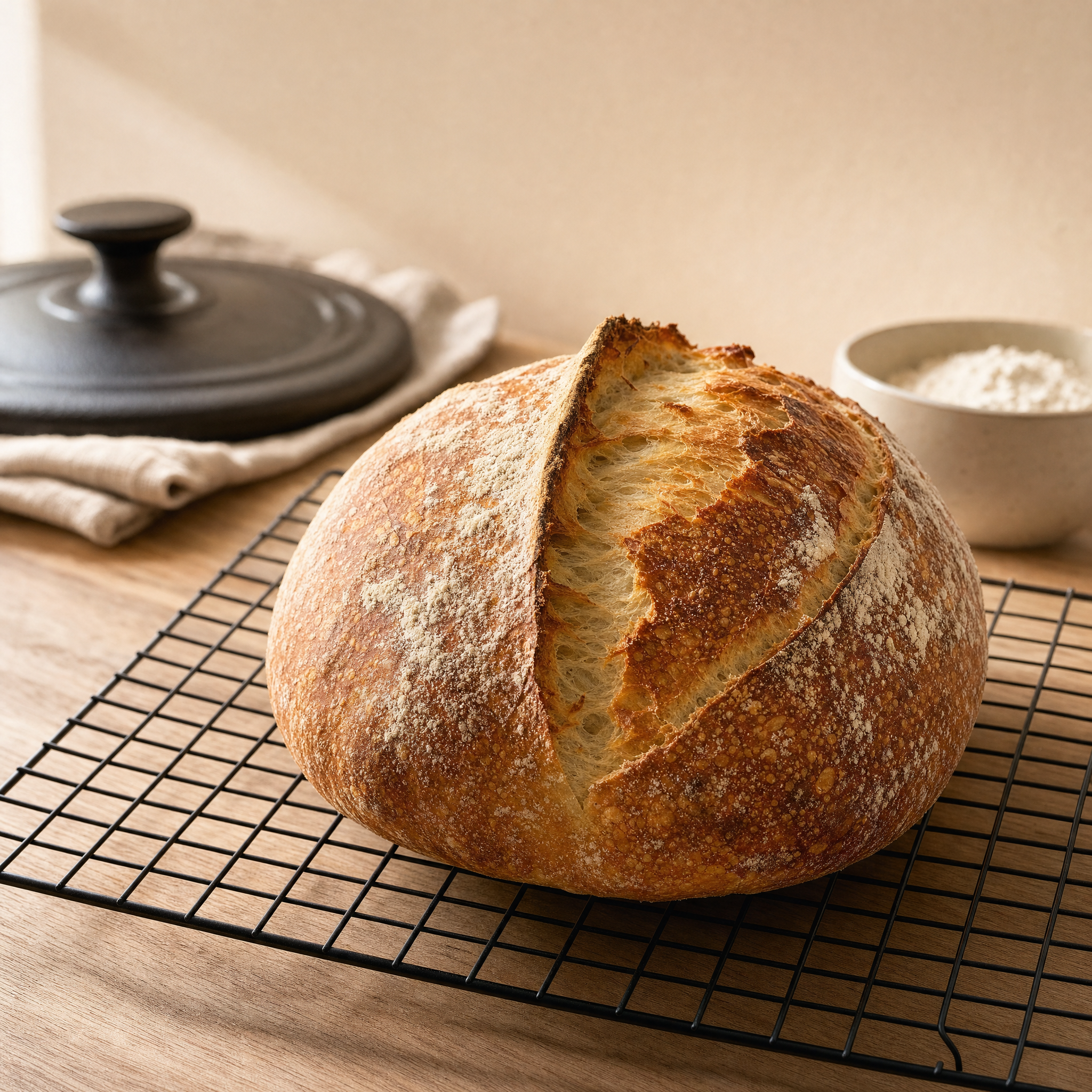 Sourdough boule with a scored ear cooling on a wire rack