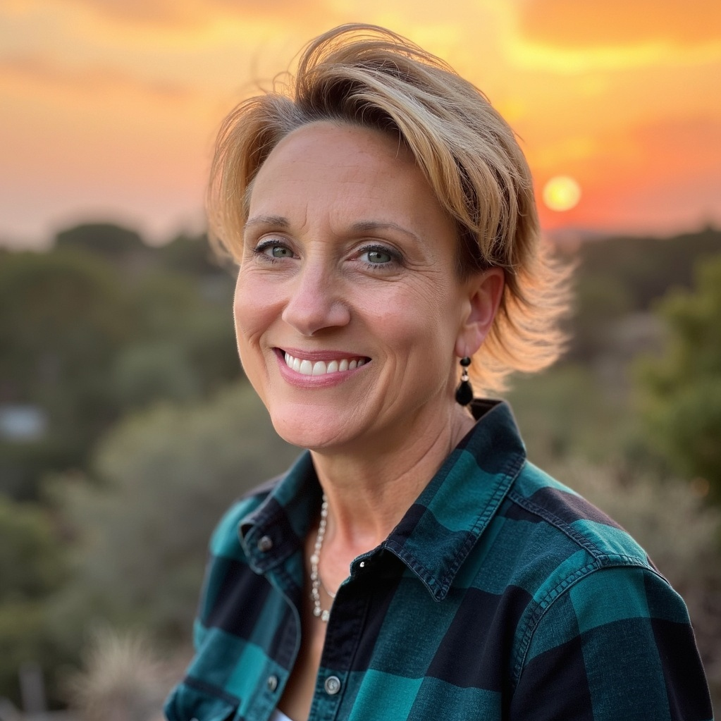 A woman with short blonde hair and earrings smiling outdoors at sunset, wearing a teal and black plaid shirt.