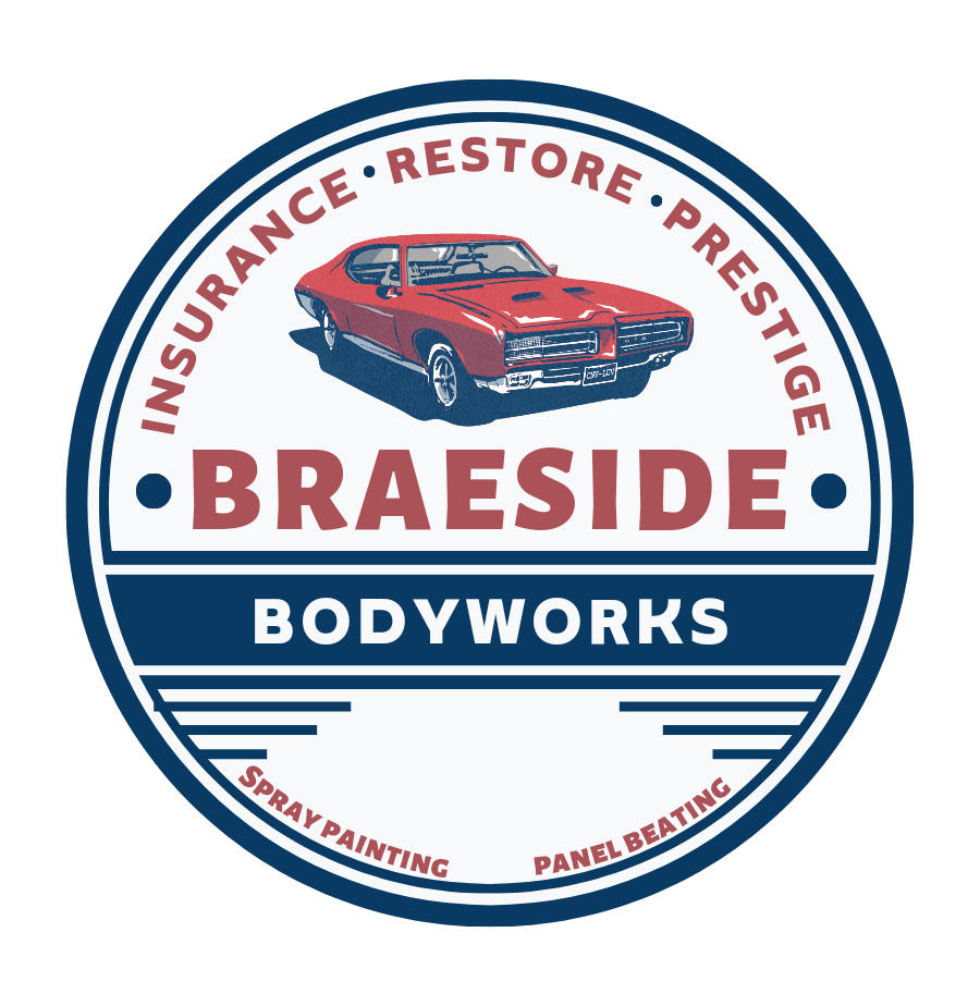 Circular logo for Braeside Bodyworks featuring a classic red muscle car illustration, with text around the circle reading 'Insurance,' 'Restore,' 'Prestige,' and 'Panel Beating.' Additional services listed include spray painting and panel beating.