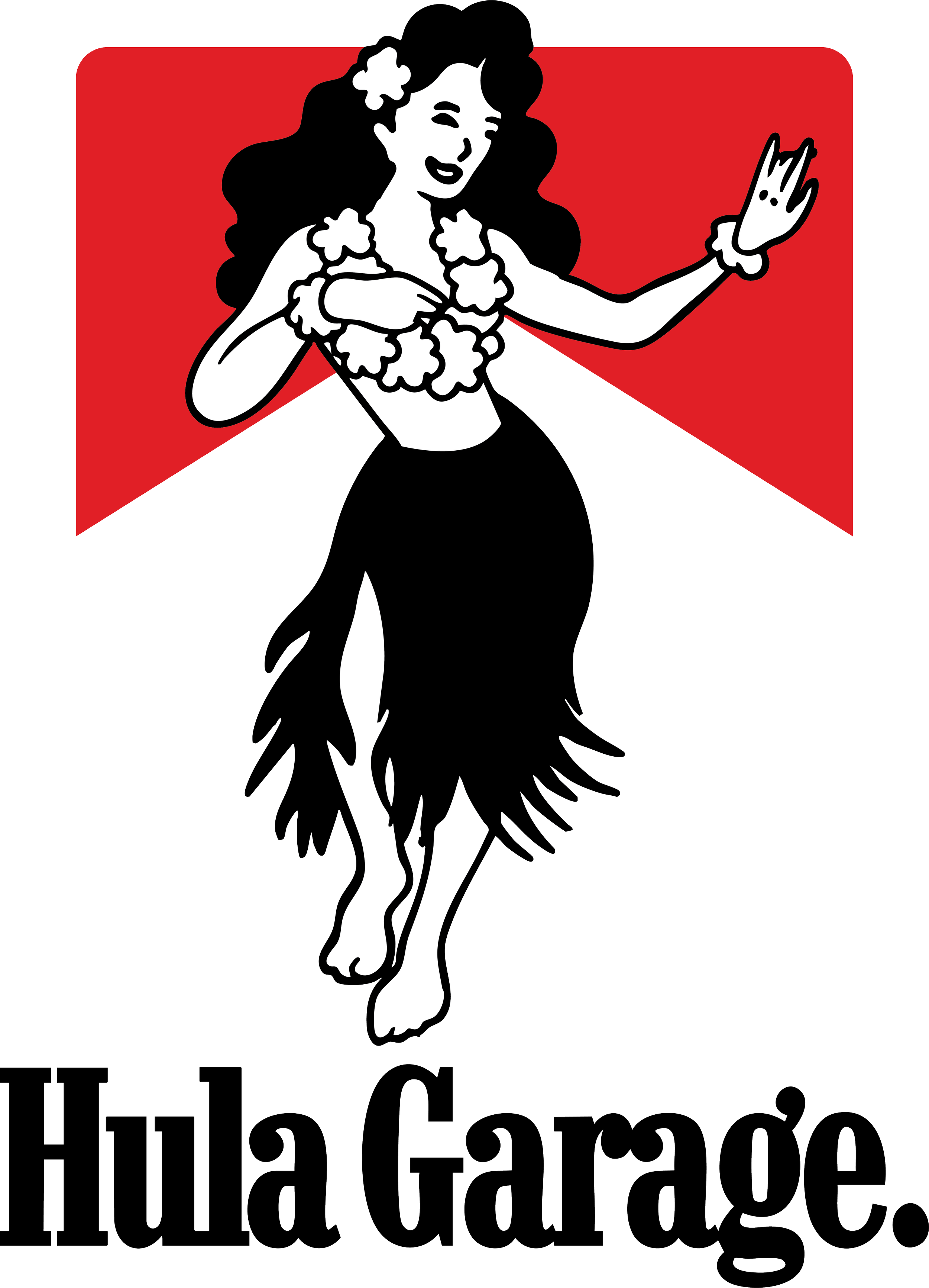 An illustration of a woman in a swimsuit with a flower in her hair, waving and smiling while riding a rocket flames beneath her, with the text "Hula Queen" in the background.
