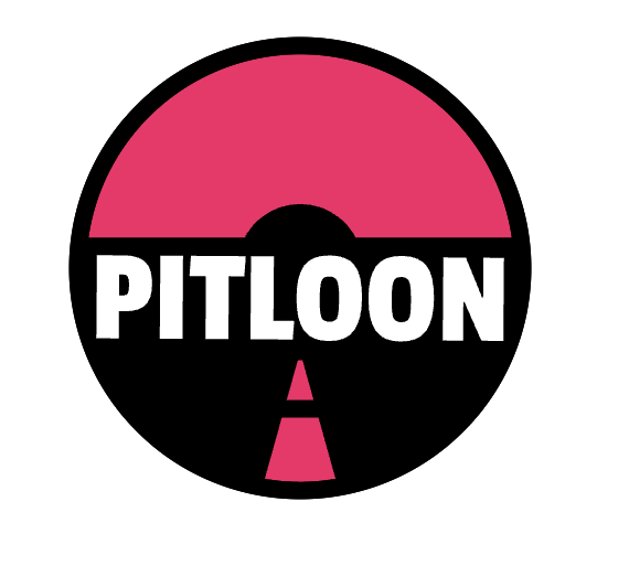 Logo with a black circle, pink semicircle on top, black background, and the word "PITLOON" in white bold letters across the middle, with a pink road beneath.