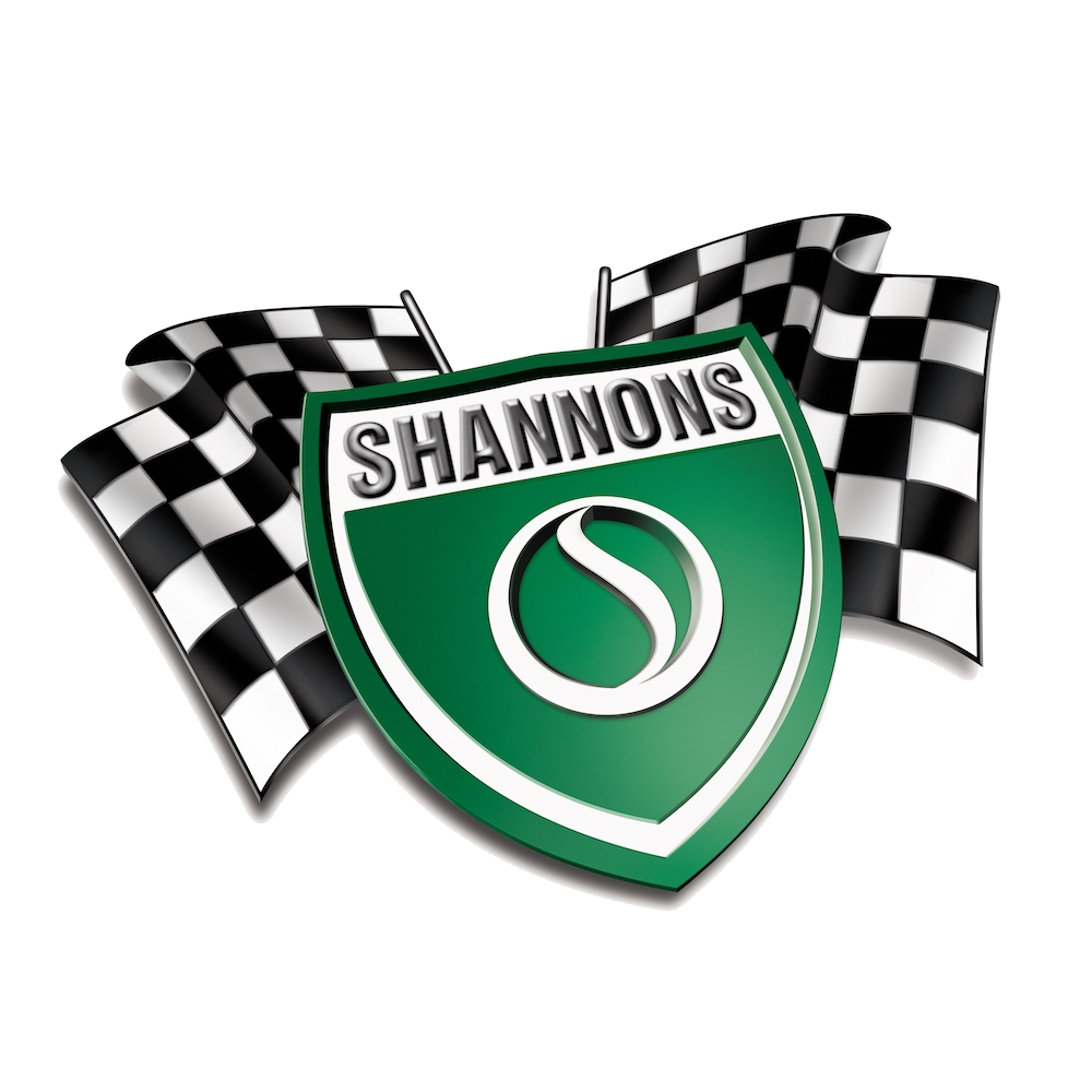 A green racing emblem with the name "Shannons" and checkered flags in the background.