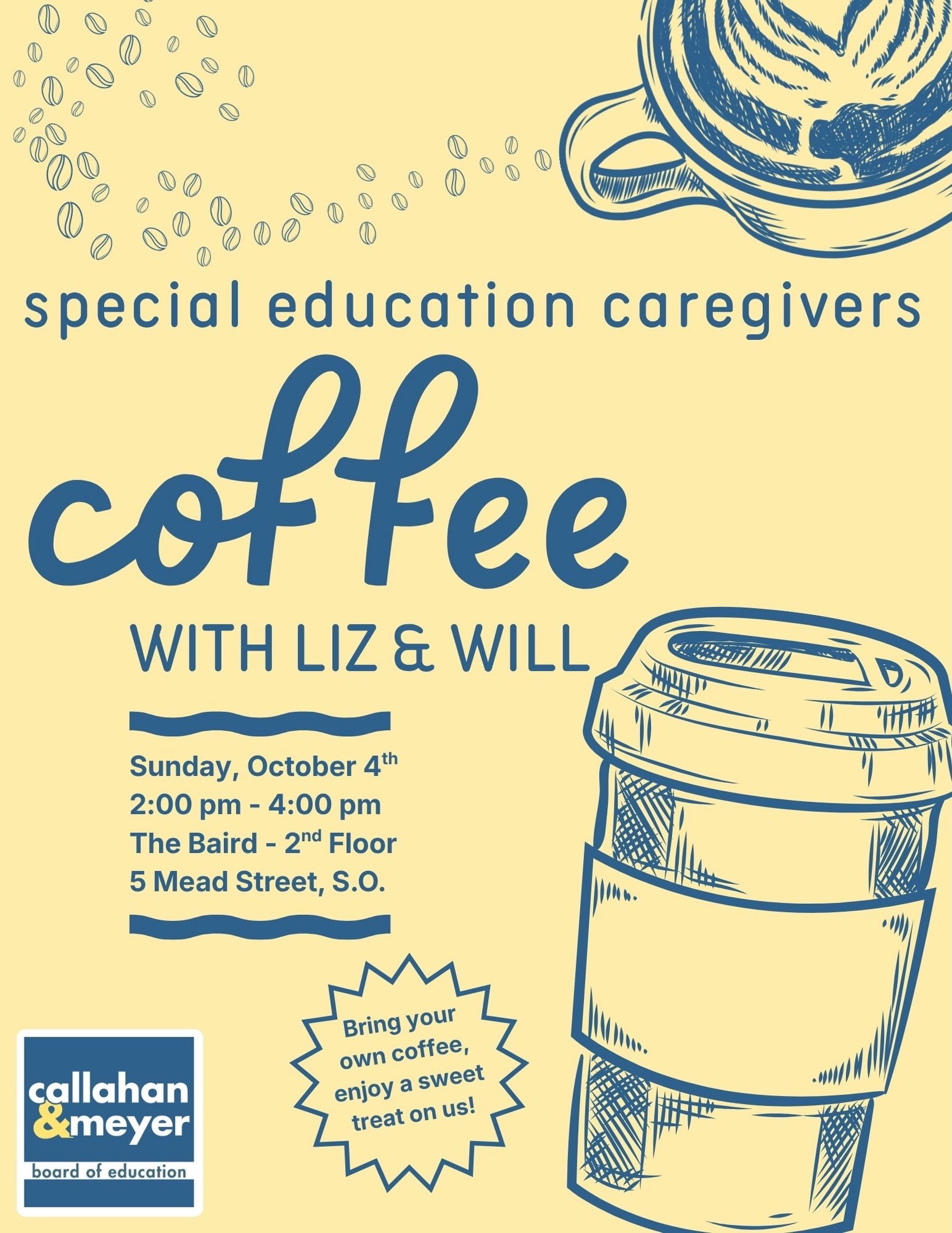 Come meet us for coffee and conversation, hosted by seasoned special education parents and community volunteers Beth Cosentino, Kelly Mortimer, and Lindsey Stone. Bring your own coffee, we&rsquo;ll bring the treats! ☕️ Connect with fellow special edu