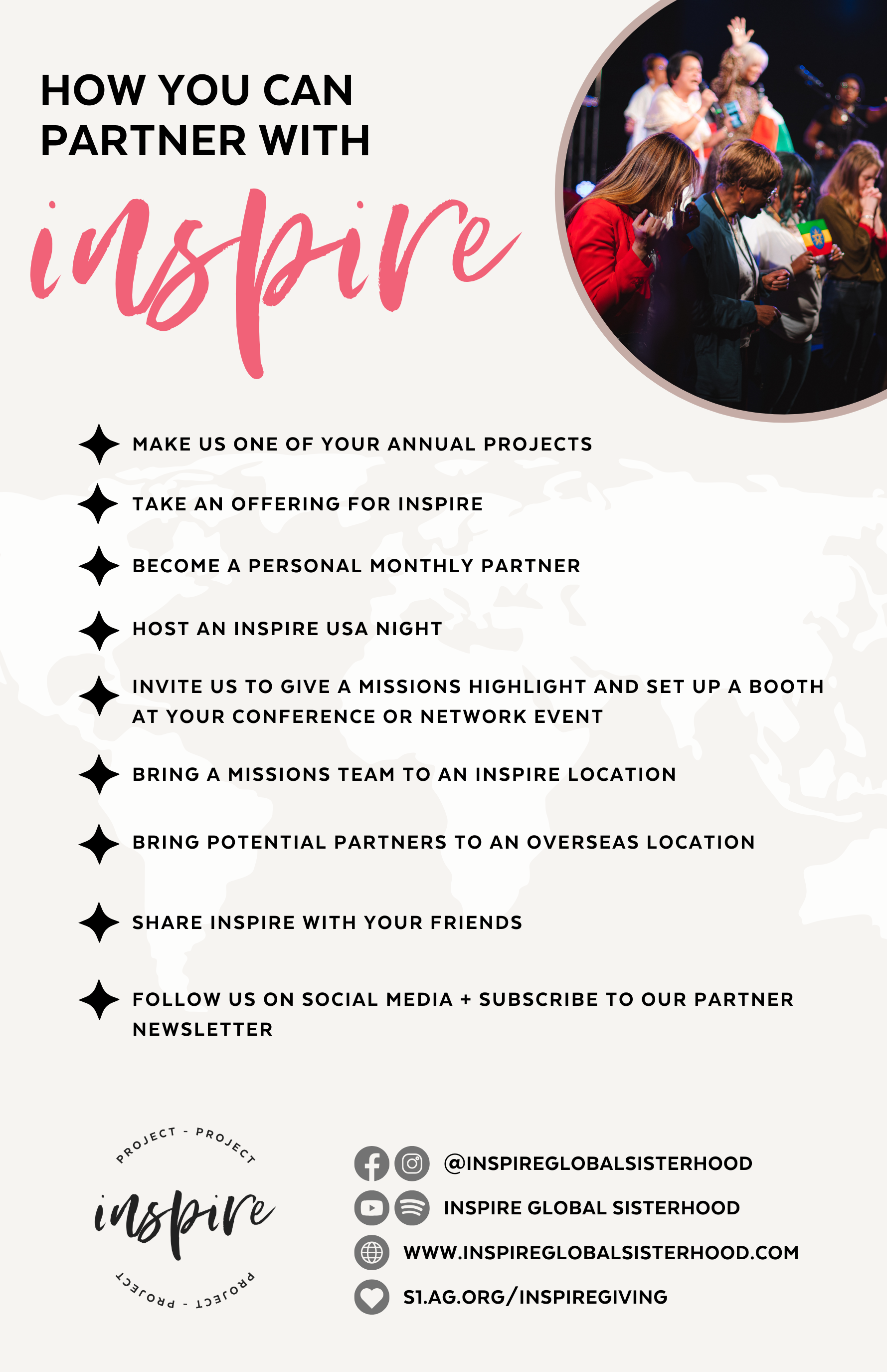 A flyer for Inspire Global Sisterhood featuring a group of diverse women praying on stage while others stand with hands raised in a church or conference setting. The flyer promotes partnership and involvement in missions.