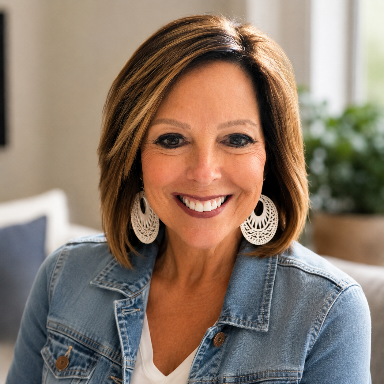 A woman with shoulder-length brown hair and earrings smiling at the camera inside a home.