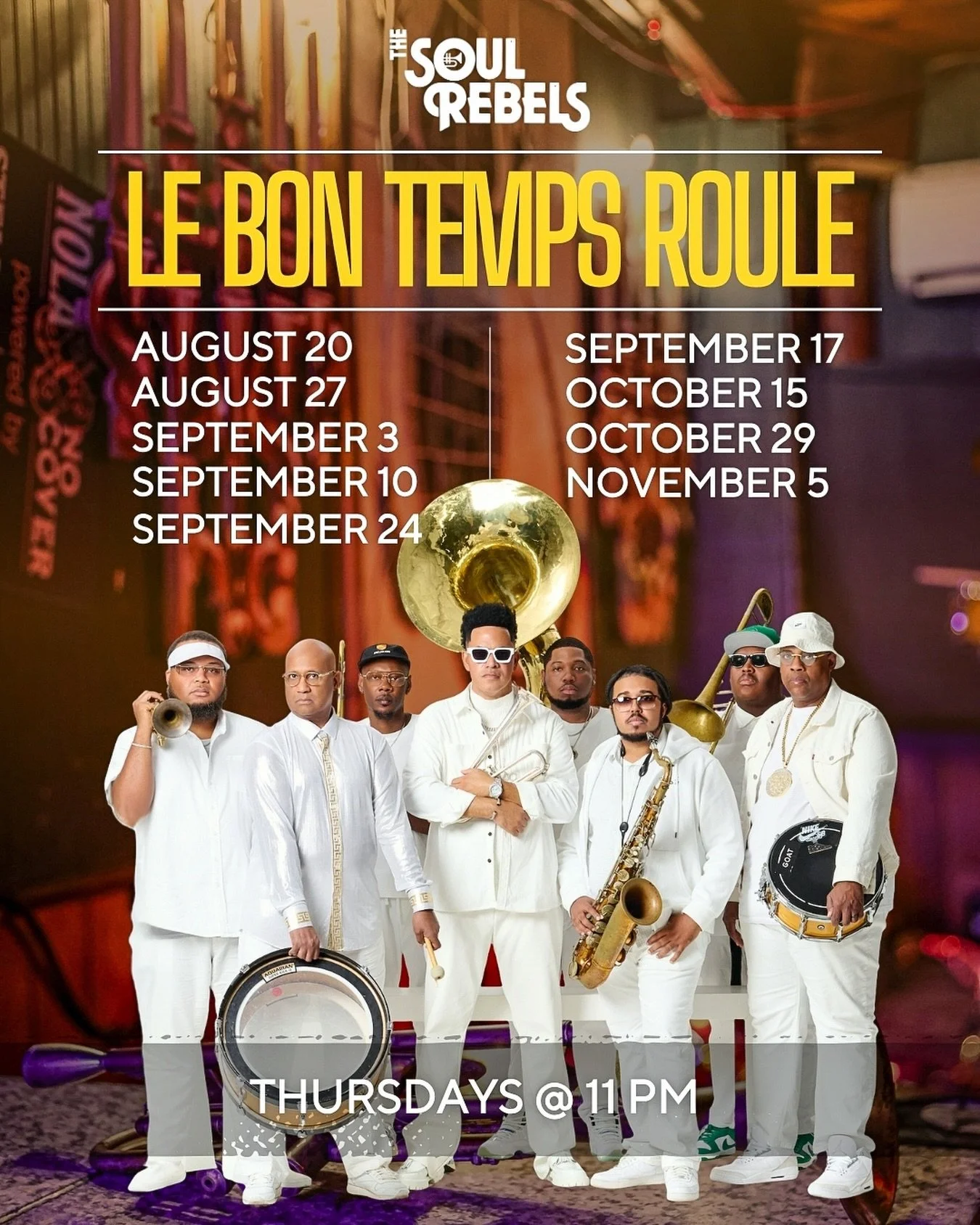 ⚜️ Thursdays are always a party! 

📍@lebontempsroulenola
🎟️ All shows @ https://thesoulrebels.com

#TheSoulRebels #NewOrleans #nolaeats #neworleansblogger #LiveMusicNOLA