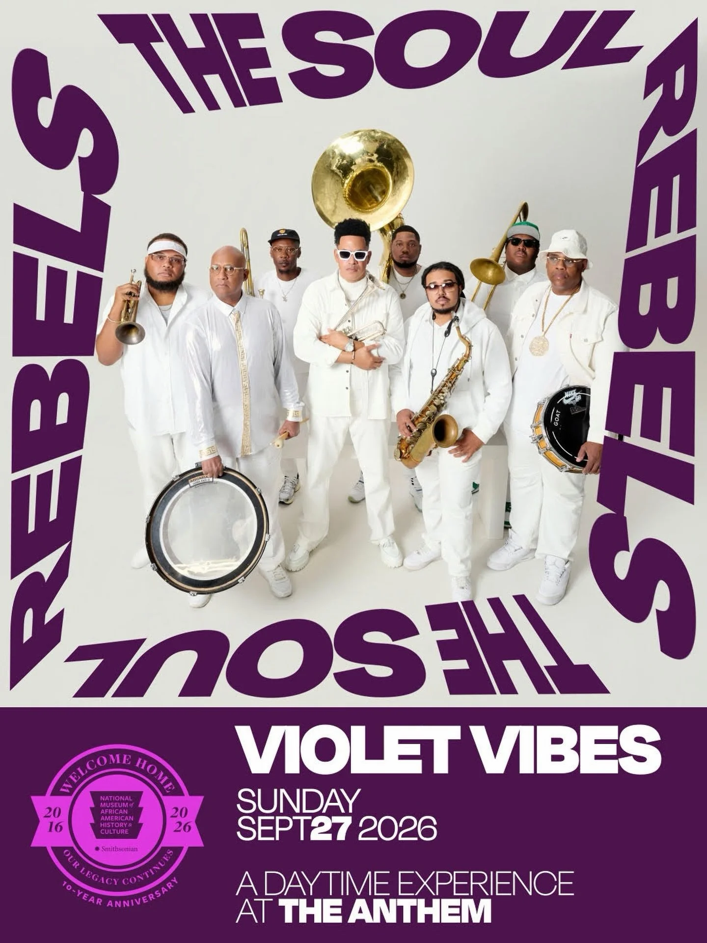 💜 September 27th for Violet Vibes, part of @nmaahc 10th Anniversary celebration!

10 years of culture, music and community with The Soul Rebels.

#NMAAHC10 #ANationsStory #APeoplesJourney