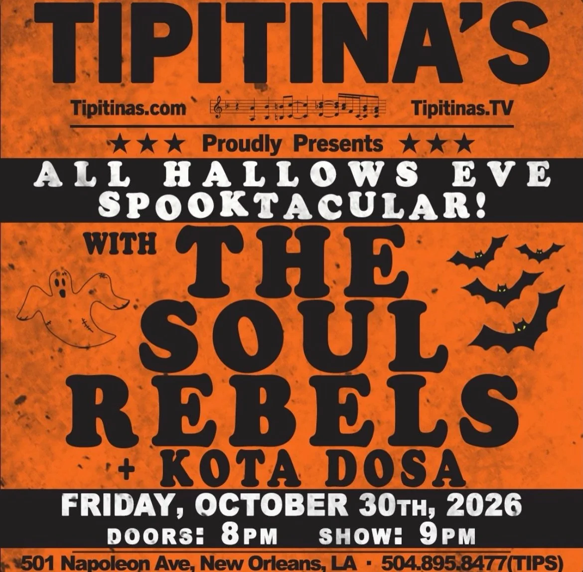 🎶 🎃 

🎟️ Tickets available: https://www.ticketweb.com/event/all-hallows-eve-spooktacular-with-tipitinas-tickets/14222724?pl=tipitinas&amp;REFID=website

⚜️ For all updates follow @thesoulrebels 

#TheSoulRebels #NewOrleans #musicindustry #falltour