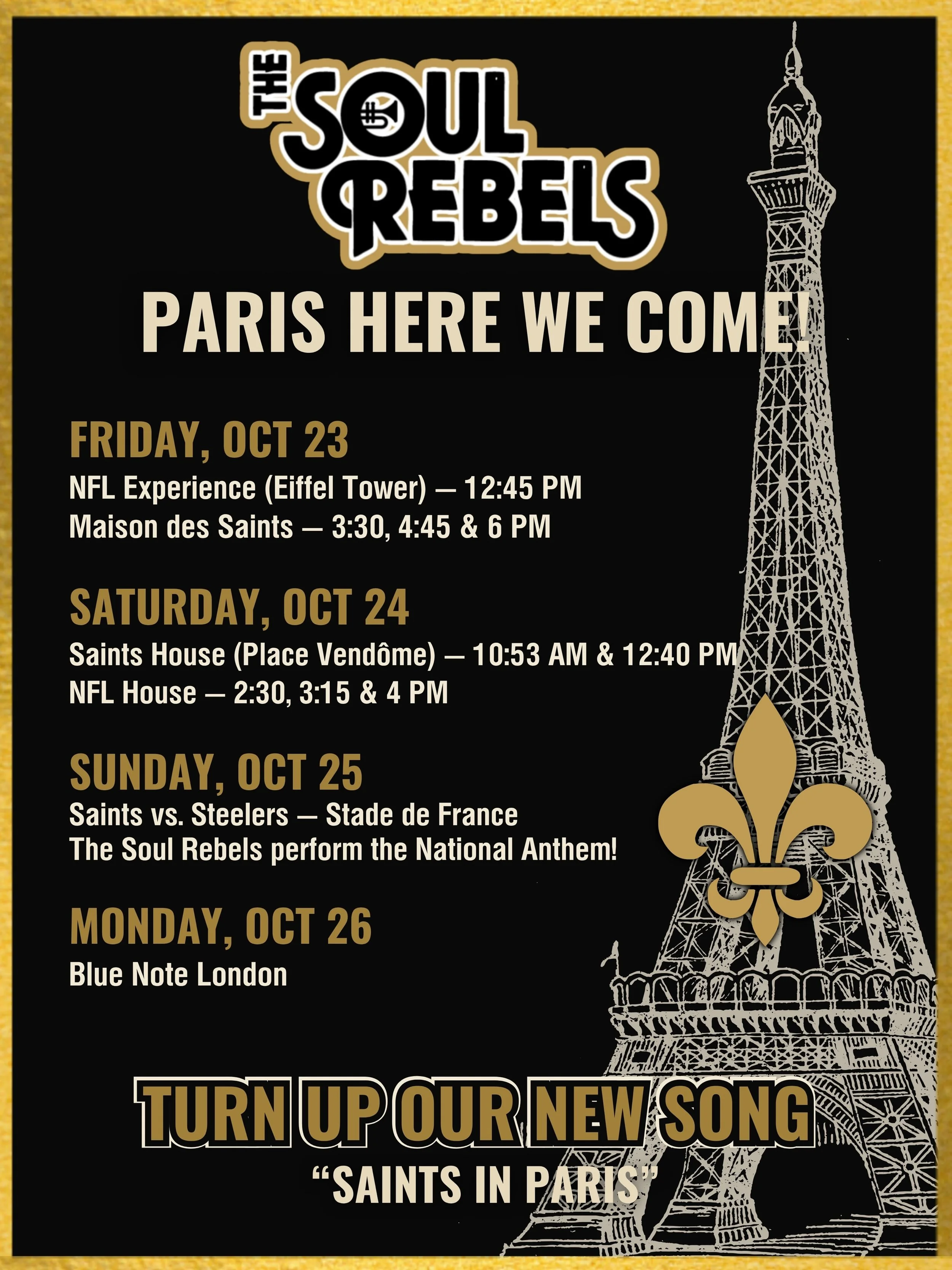 PARIS HERE WE COME! ⚜️🇫🇷

Our new song &ldquo;Saints in Paris&rdquo; is STREAMING NOW. Let&rsquo;s make sure Paris hears us coming! 🖤💛

@saints @saints_france @nfl 

#saints #paris #whodat #saintsinparis #thesoulrebels
