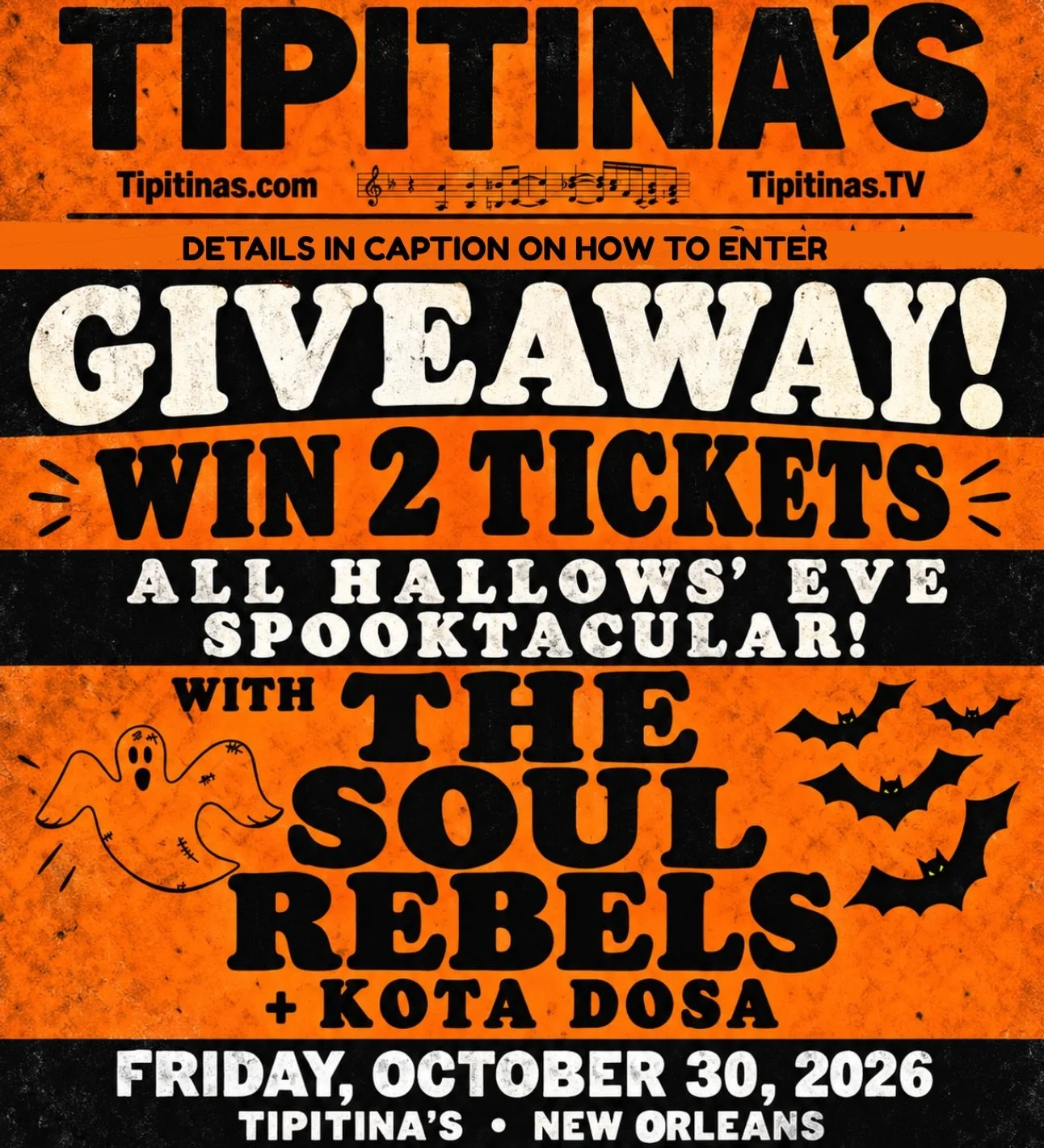🎃👻 HALLOWEEN GIVEAWAY! 🎺🔥

We&rsquo;re teaming up with @Tipitinas + @TheSoulRebels + @we.wander.on, on to give ONE lucky winner 2 TICKETS to the All Hallows&rsquo; Eve Spooktacular this Friday! 🎶⚜️

📍 Tipitina&rsquo;s | New Orleans
📅 Friday, O