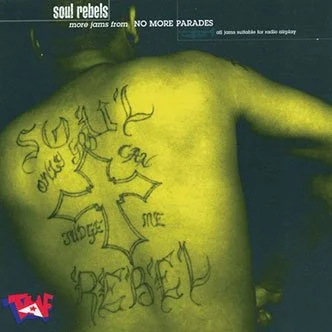 Back of a person with green lipstick and body paint, revealing handwritten text on their back and shoulder, with album details for Soul Rebels by Soul Rebels.