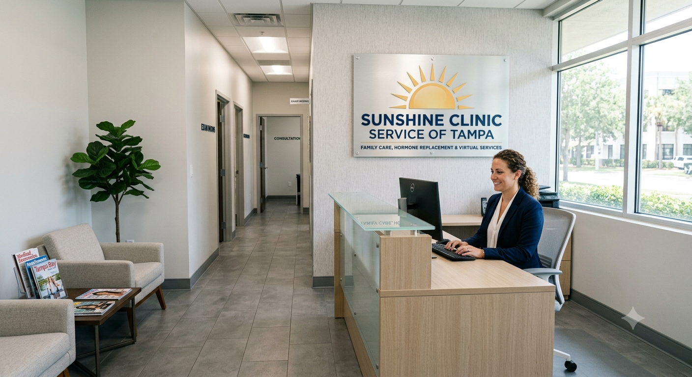 Reception area at Sunshine Clinic Service of Tampa, with a smiling woman sitting at the front desk, a large window on the right, a waiting area with magazines on the left, and a sign on the wall behind her.