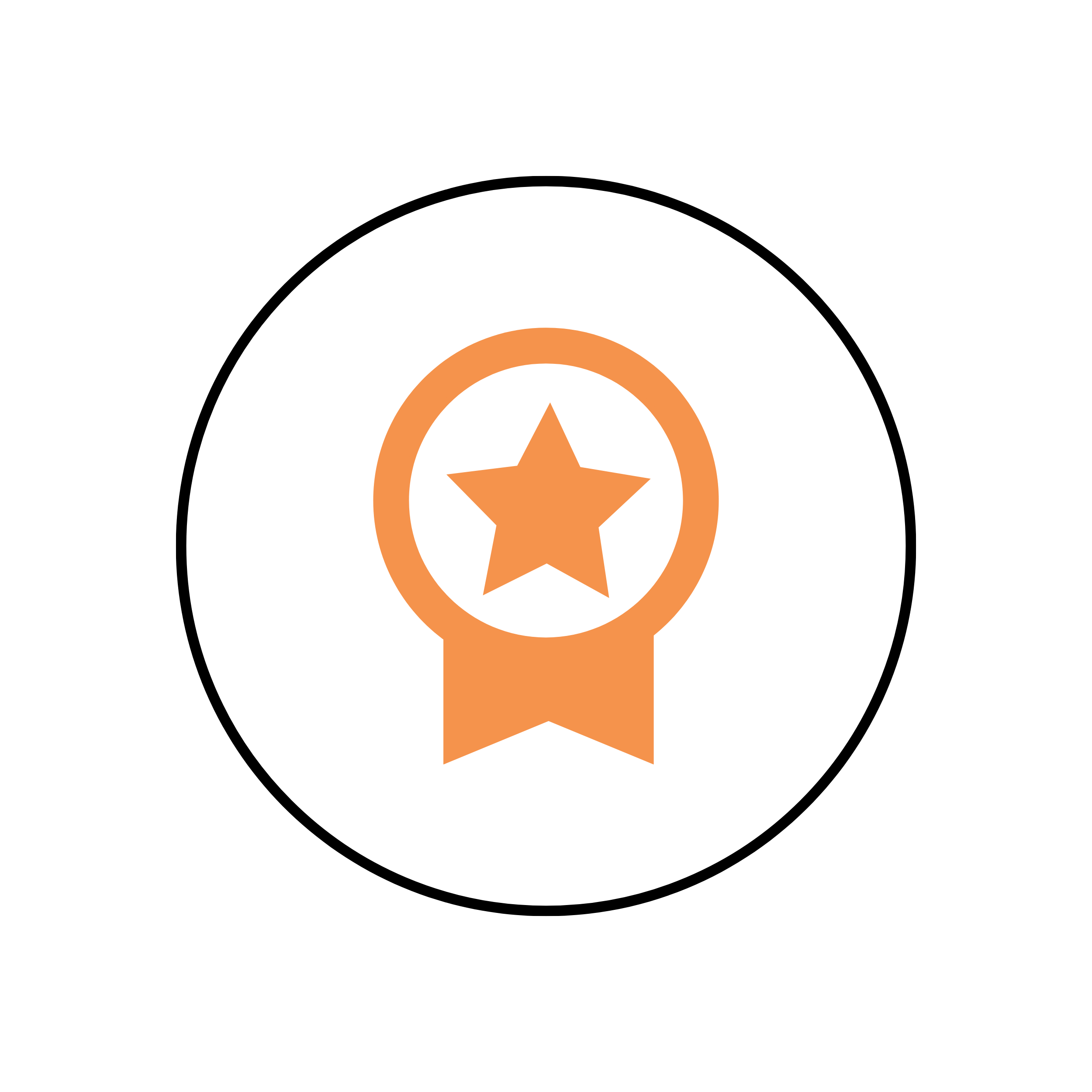 Black circular emblem featuring an orange star with a circle around it and an arrow pointing downward, surrounded by a white border.
