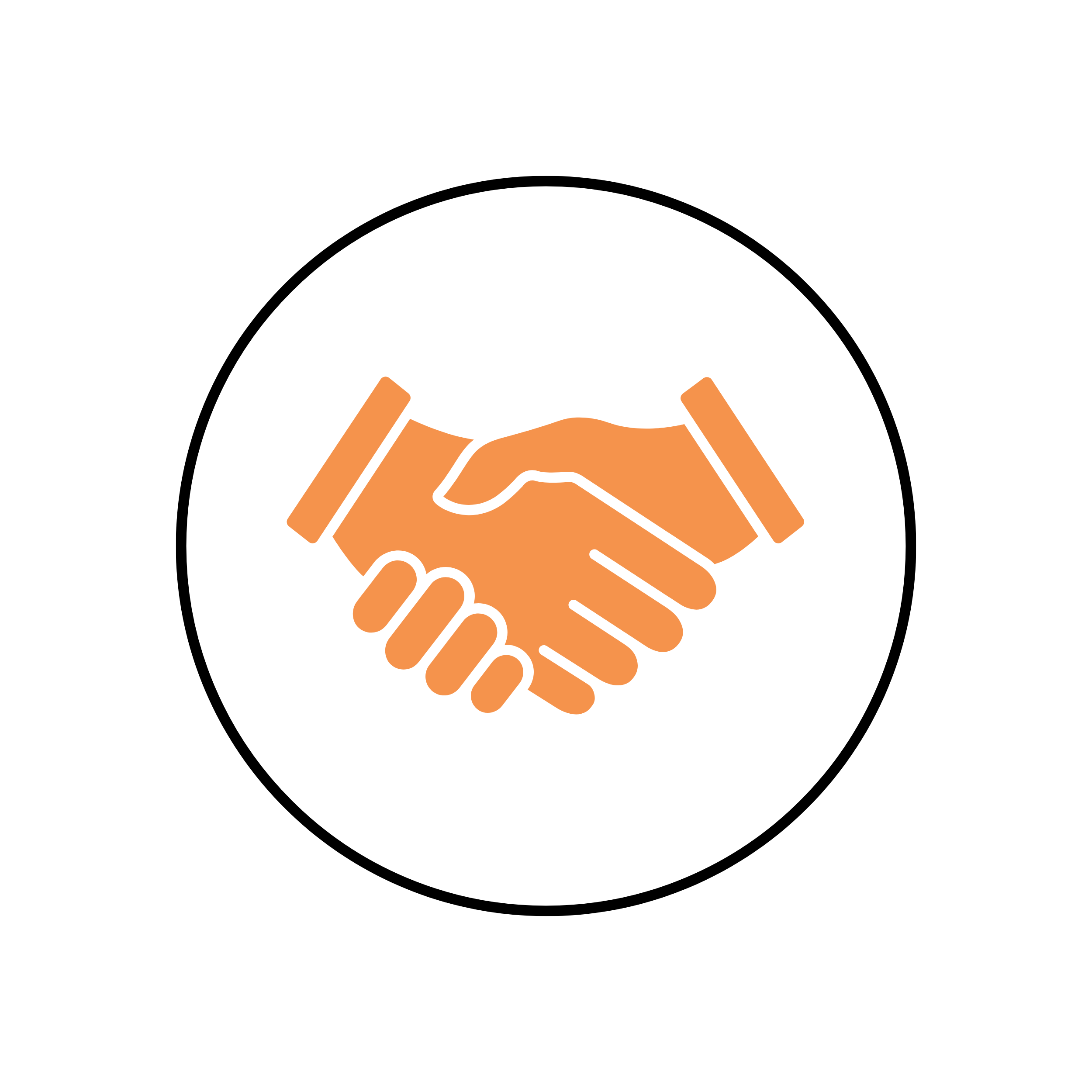 Illustration of a handshake symbol in orange within a white circle, surrounded by a black background.