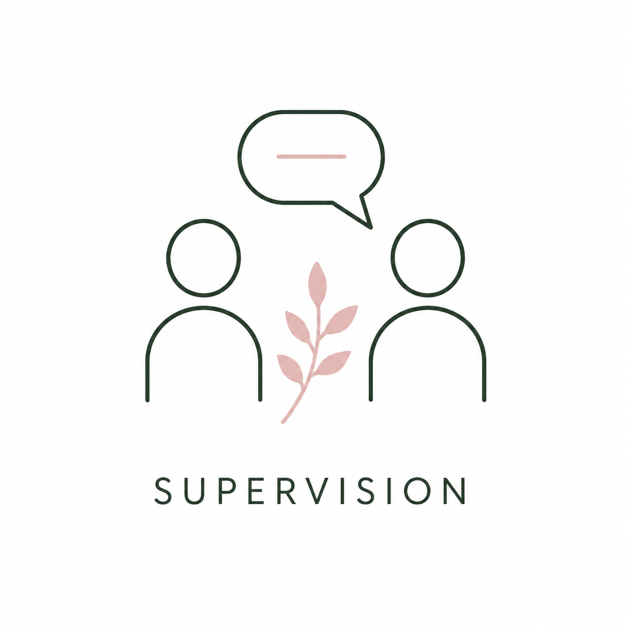 Minimalist illustration of two people speaking, with a pink plant in between, and a speech bubble above them. The word 'Supervision' is written below.