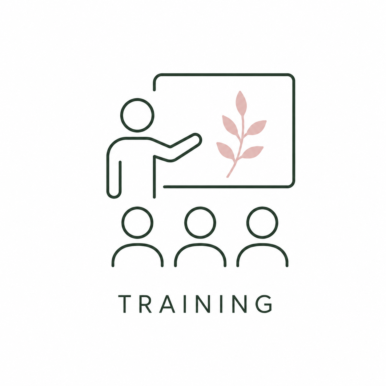Line drawing of a person teaching a plant to three people with the word 'TRAINING' underneath.