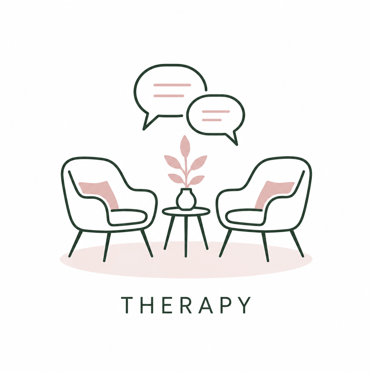 Line drawing of a therapy session with two chairs, a small table, and a plant in a vase, with speech bubbles above indicating conversation. The word 'THERAPY' is written below.
