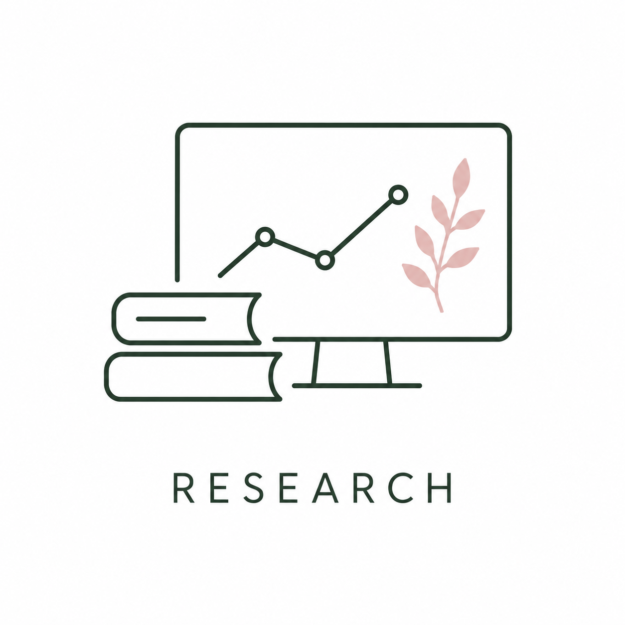 Minimalist line drawing of a computer monitor displaying a rising line graph and a leaf, with two stacked books beneath, and the word 'RESEARCH' below.