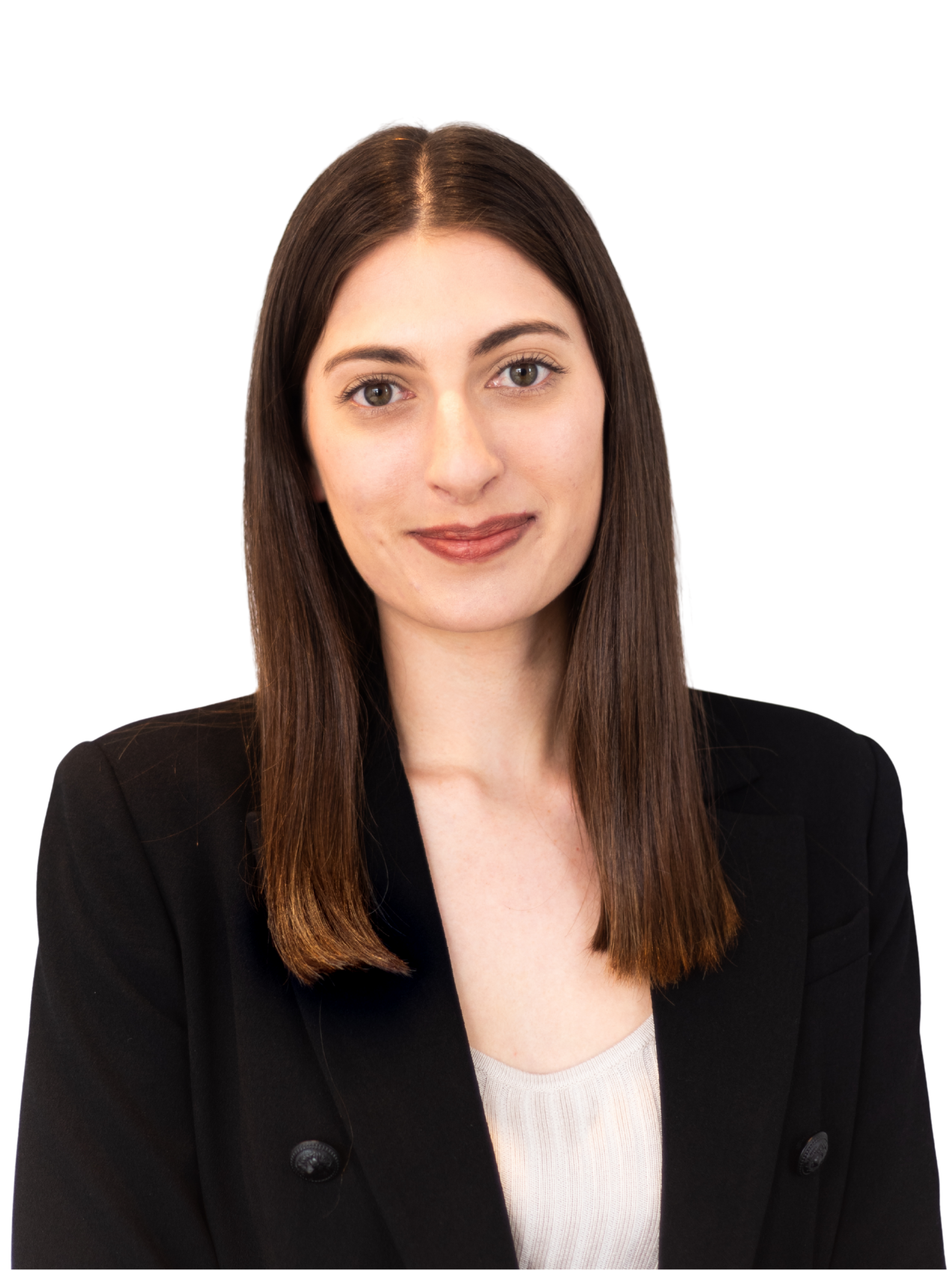 Portrait of a young woman with long brown hair, wearing a black blazer, against a plain white background.