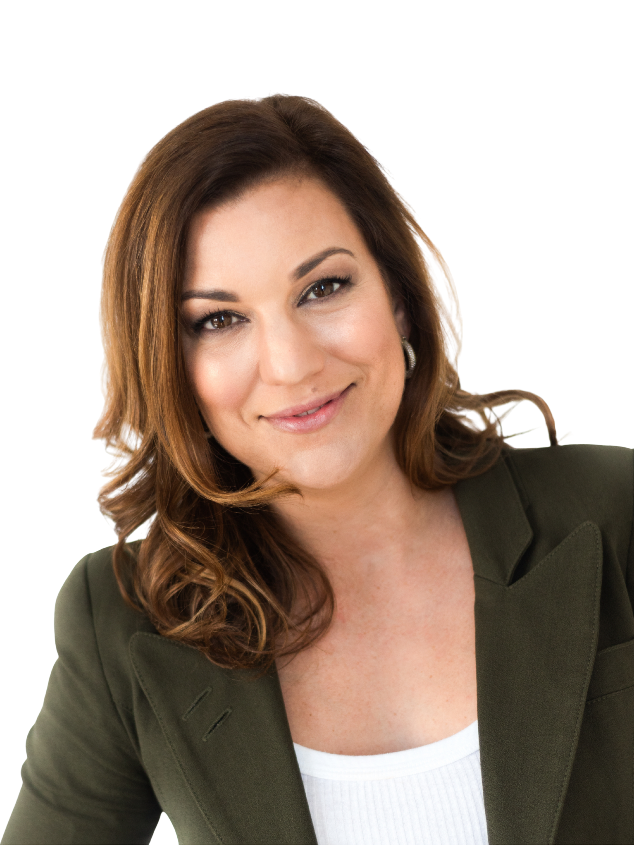 Close-up of a smiling woman with brown, wavy hair, wearing a dark green blazer and a white top against a white background.