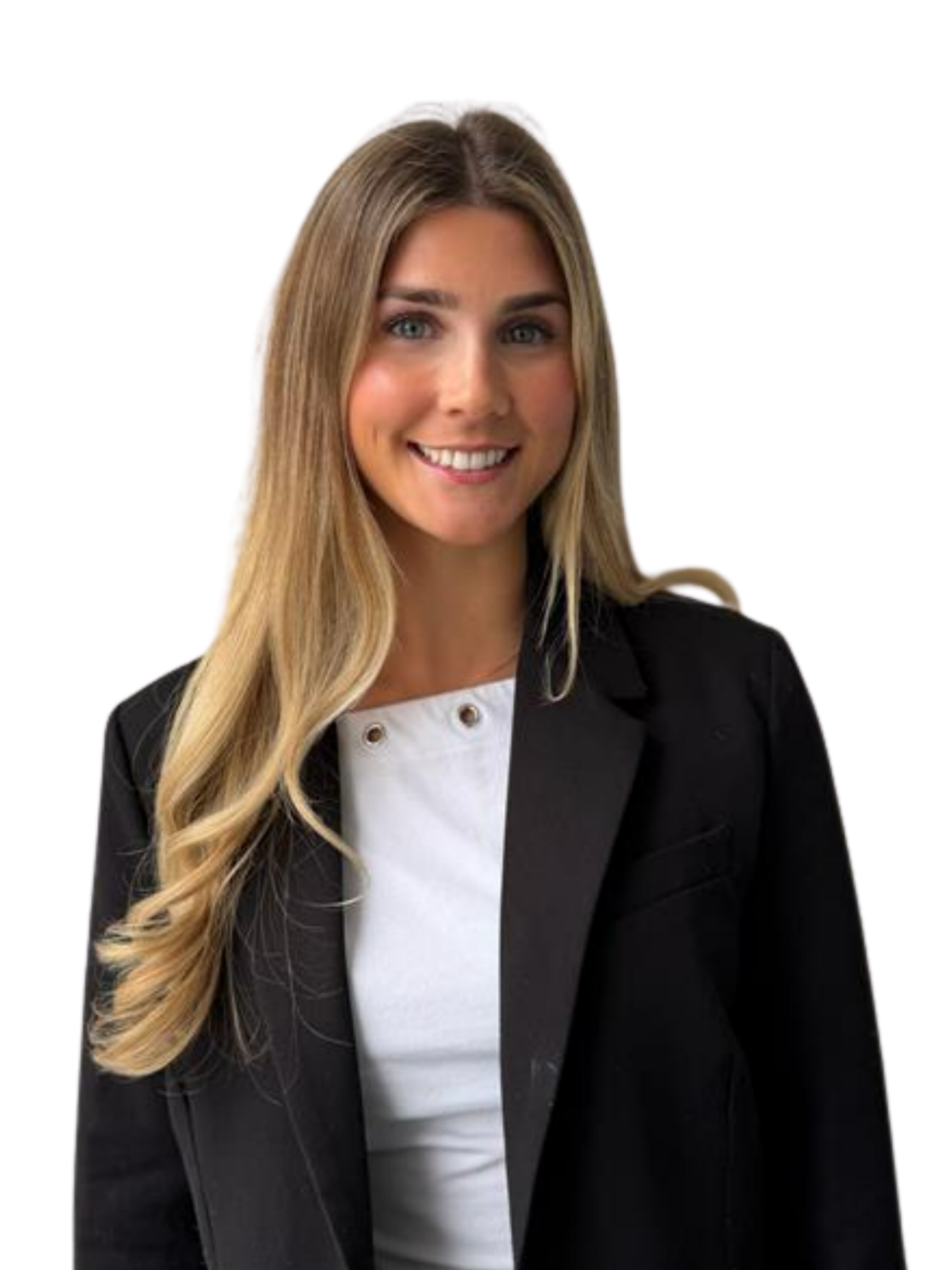 Woman with long blond hair, wearing a white top and black blazer, smiling against a white background.