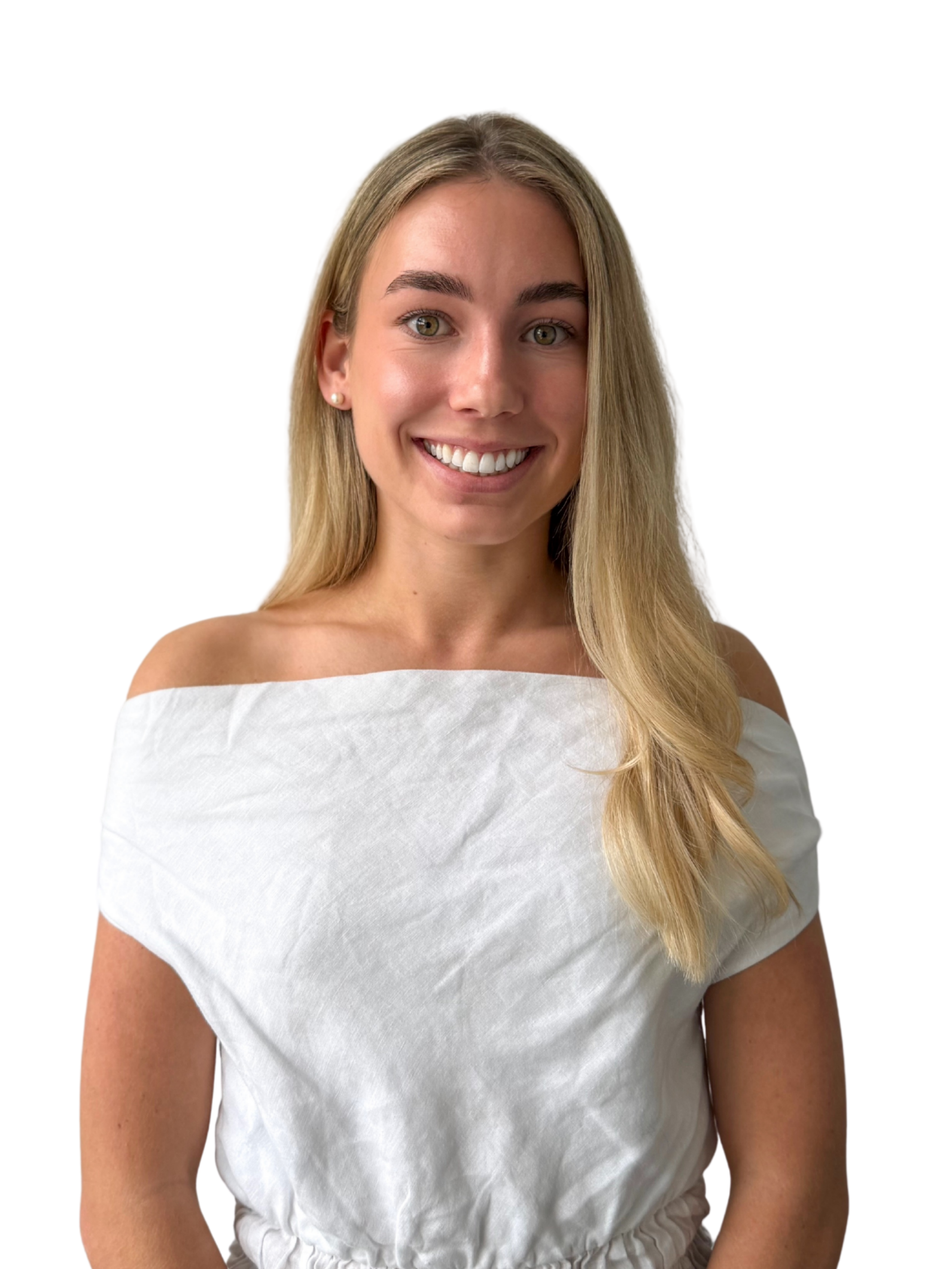 A young woman with long blonde hair, smiling, wearing an off-shoulder white top, against a plain white background.