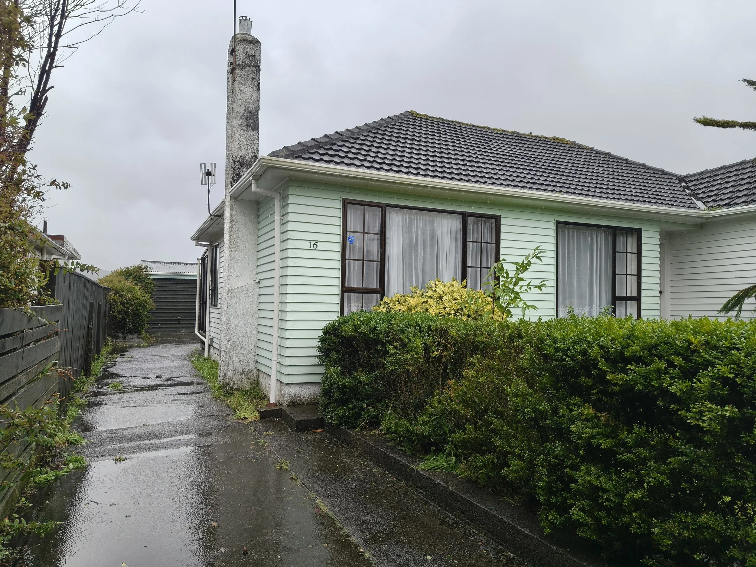A wet neighborhood street on a rainy day, with a house with light green siding, black window frames, and a tiled roof, surrounded by greenery and trees.