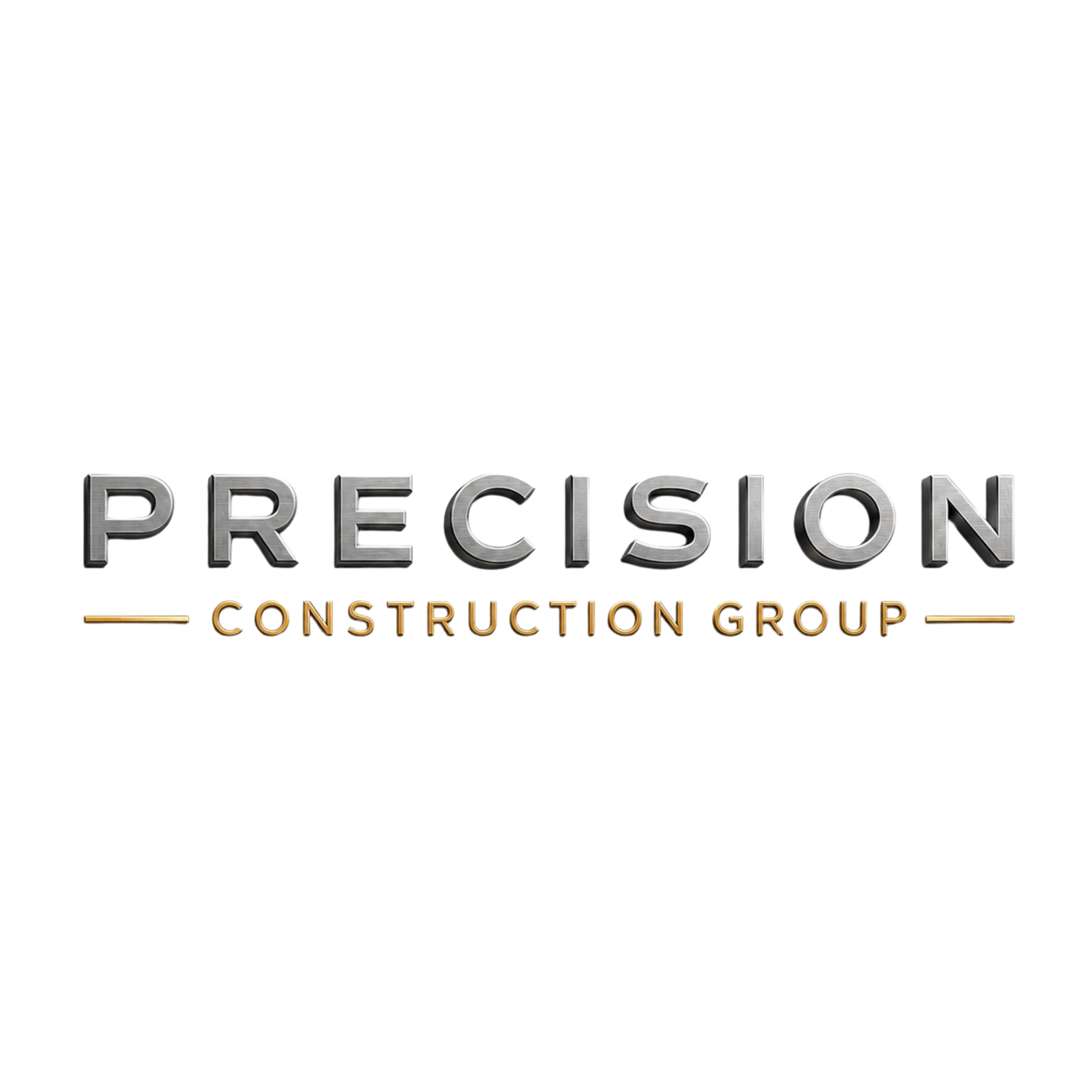 Logo of Precision Construction Group in silver metallic letters with gold accents on a black background.