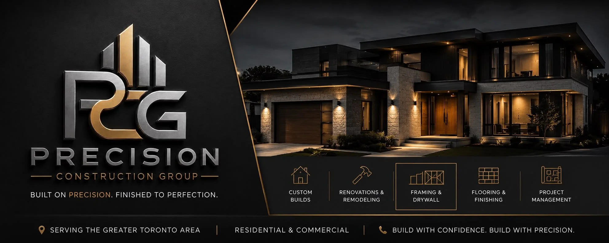 A modern house illuminated at night, with a gate and outdoor lighting, and a promotional graphic for Precision Construction Group with their logo and service offerings.