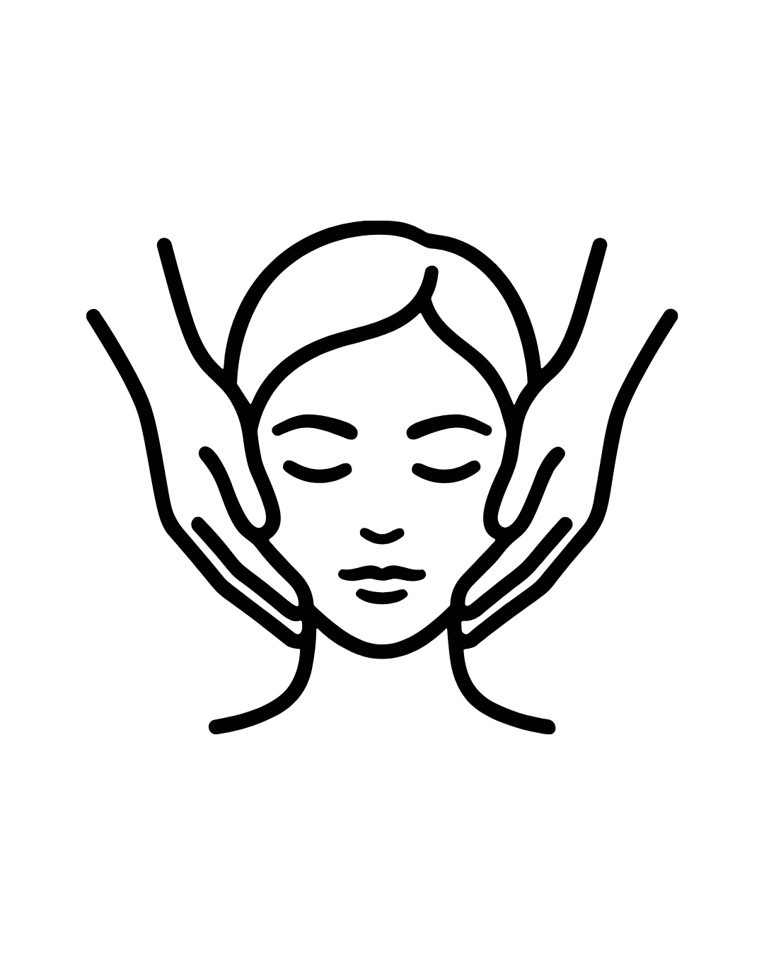 Outline drawing of a woman with a towel wrapped around her head, eyes closed, and hands gently touching her face.