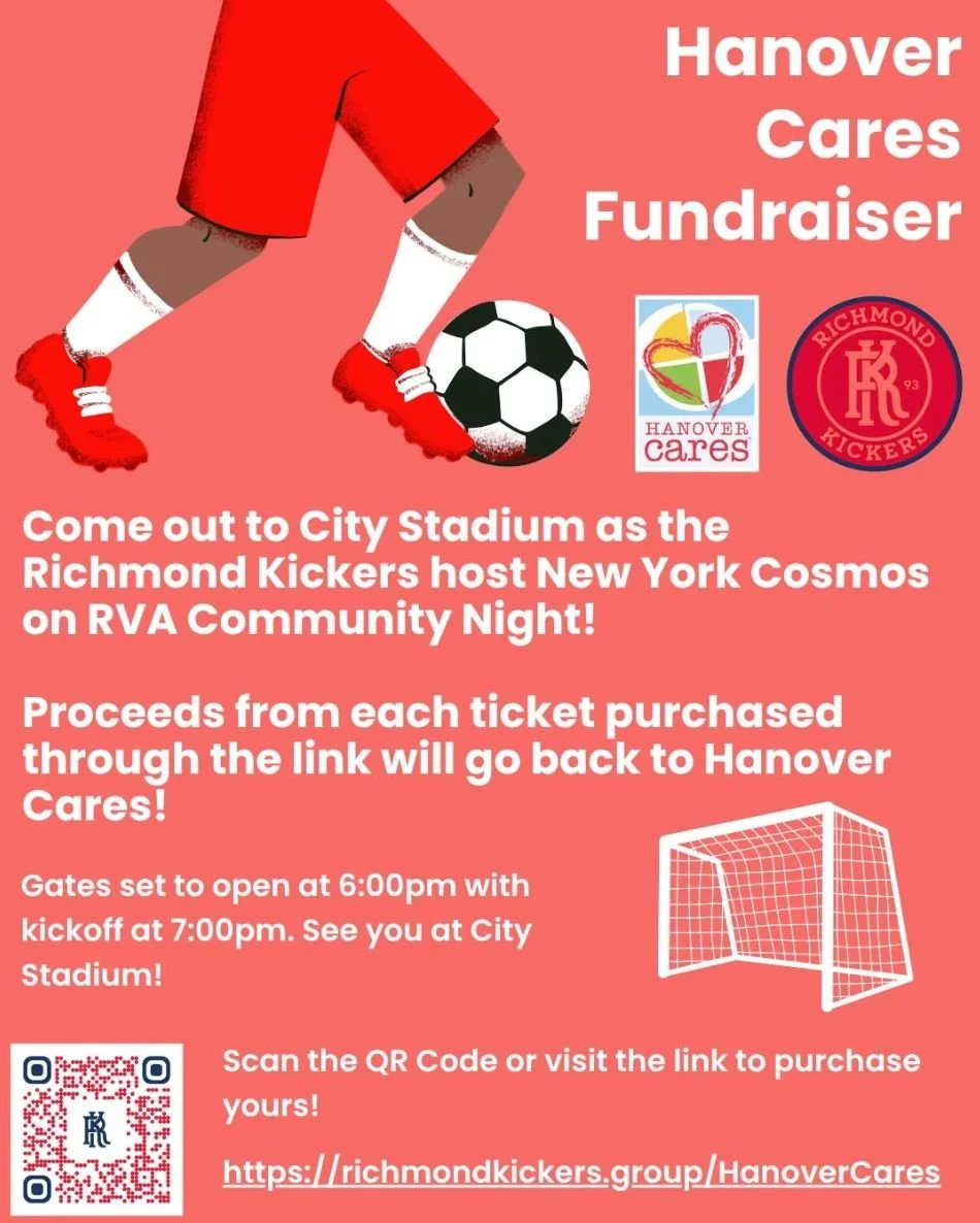 Don't forget to purchase your tickets, as next Wednesday is the RVA Community Night! Come out to City Stadium as the Richmond Kickers host New York Cosmos.

Proceeds from each ticket purchased through the link will go back to Hanover Cares!

Gates se