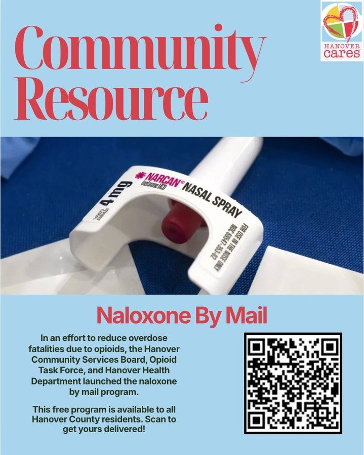 Given it is Overdose Awareness Month, here is a local community resource that all Hanover County residents can receive for free, delivered to their homes! Naloxone is a simple to use, yet lifesaving tool, in the event of an overdose. 

Remember, over