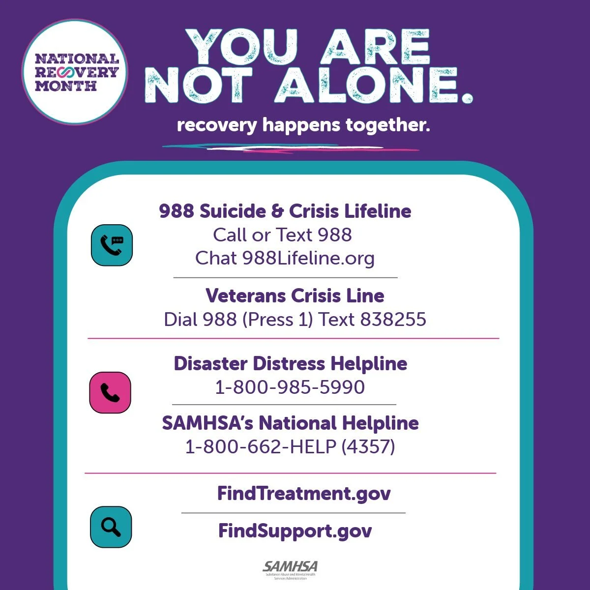 September is National Recovery Month, which is a time to learn about resources you or those around you can use if you are struggling. For additional resources, visit the hanover-cares.org Emergency Resource page.