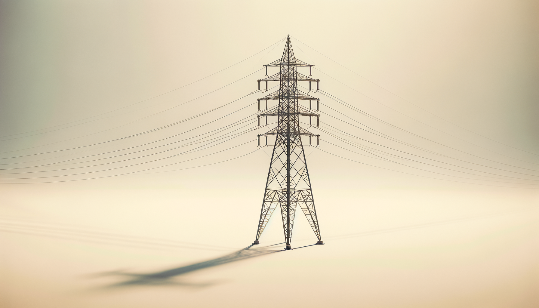 A tall electrical transmission tower with steel lattice structure and multiple power lines extending from it against a hazy sky.