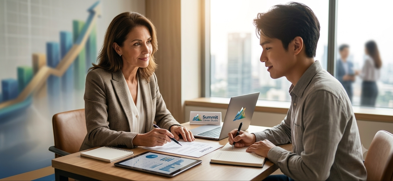 A professional woman interviewing a young man in a bright office with a city view. They are seated at a table with laptops, notebooks, and documents.