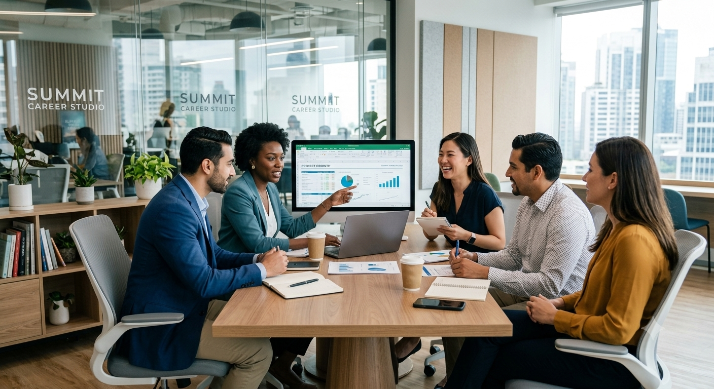 Six diverse business professionals in a modern conference room discussing data on a large monitor, with charts and graphs related to project growth.