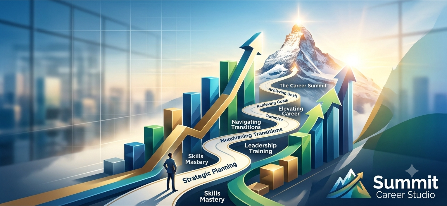A person in a suit standing at the start of a winding pathway on a graph chart, leading to mountain peaks labeled 'The Career Summit.' The path illustrates career development steps like 'Strategic Planning,' 'Skills Mastery,' 'Leadership Training,' 'Navigating Transitions,' 'Elevating Career,' and 'Achieving Goals.' The background features a cityscape and a mountain with the sun shining at the summit.
