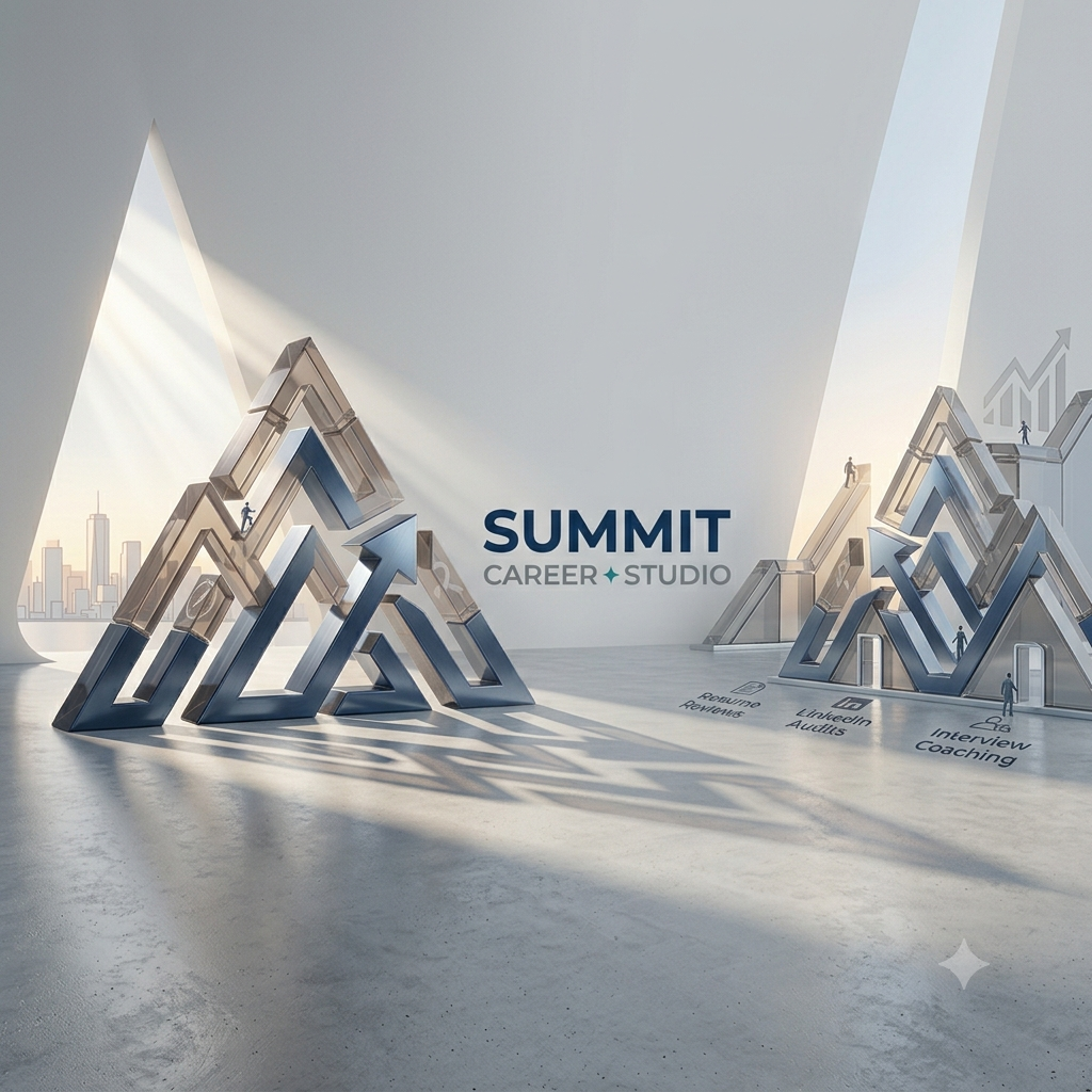 Futuristic interior with geometric metallic structures labeled with career development stages, including 'Revolve Reviews,' 'Lifeline Adults,' and 'Interview Coaching,' with a city skyline in the background and sunlight streaming through large windows.