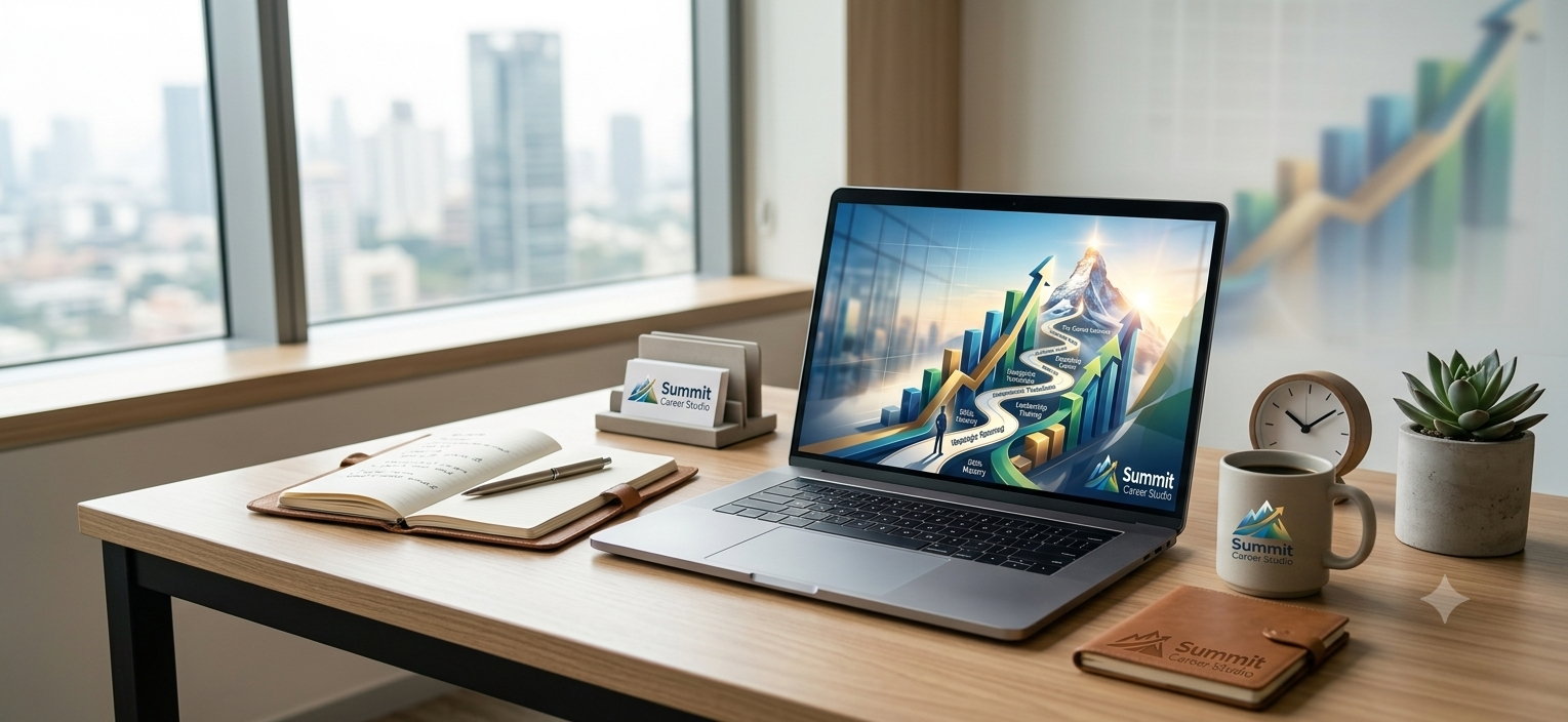 Modern office workspace with a laptop showing a 3D chart with ascending bars and arrows, a coffee mug, a potted succulent, a clock, a notebook, and a pen on a wooden desk, with a city skyline view through large windows.