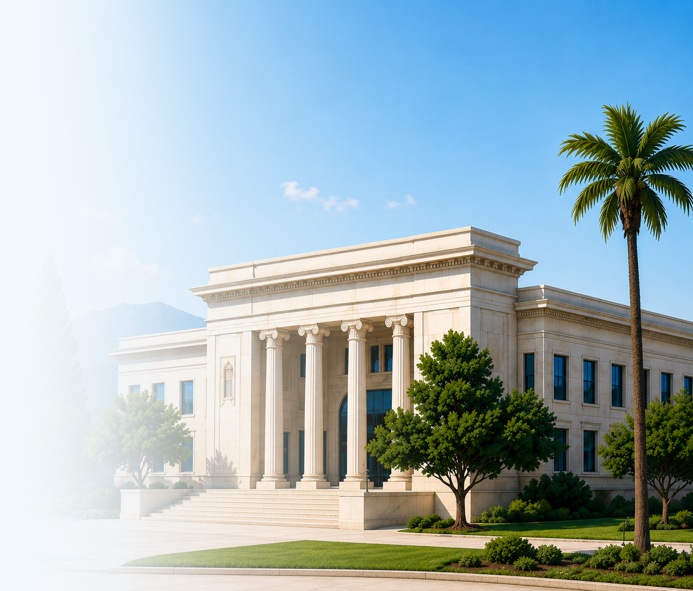 A white neoclassical building with tall columns, stairs leading up to the entrance, surrounded by green trees, with a clear blue sky in the background.