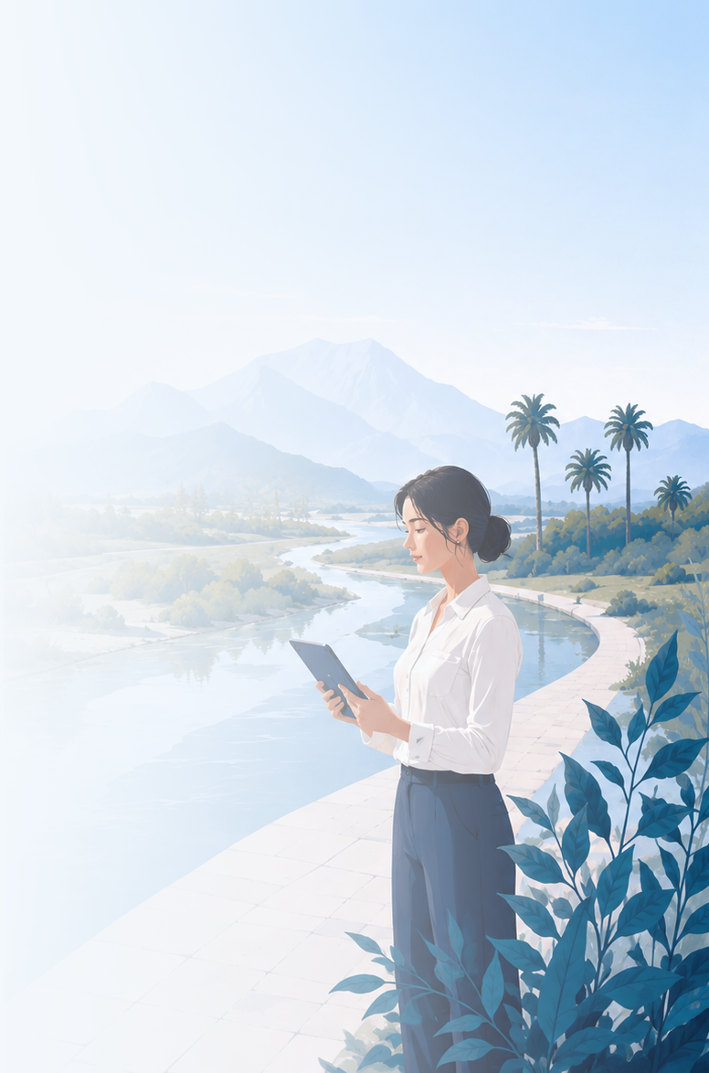 An illustrated woman in a white shirt and dark pants standing on a curved riverside path, looking at a tablet. The background features mountains, palm trees, a river, and lush greenery, with a light and airy atmosphere.