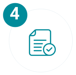 Icon of a document with a checkmark, inside a white circle with a teal number 4 in the upper left corner.