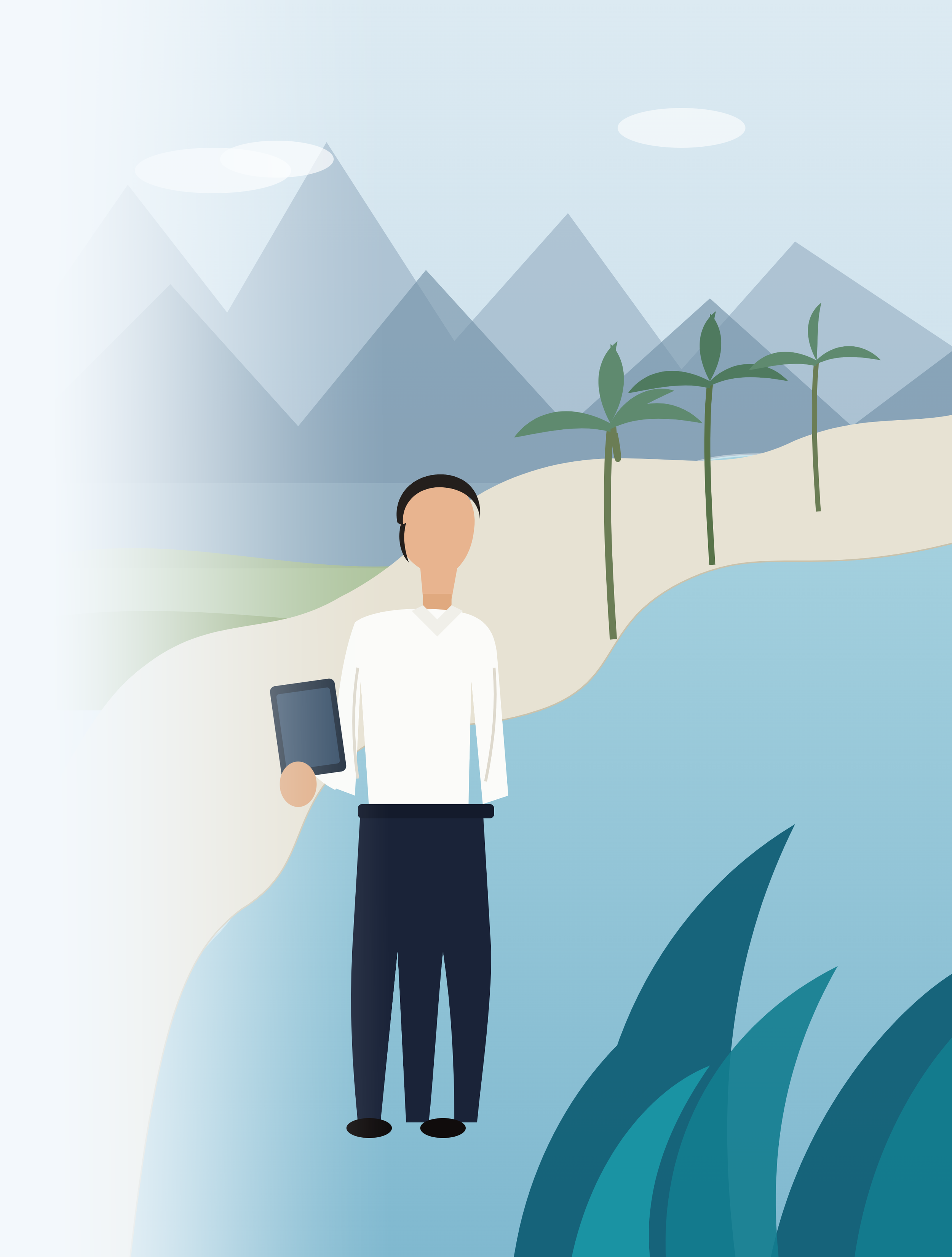 A person in office attire holding a smartphone in front of a background with mountains, trees, a small lake, and a person with dark hair and a white shirt.