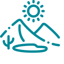 A stylized icon of a desert landscape with mountains, a cactus, and a sun.