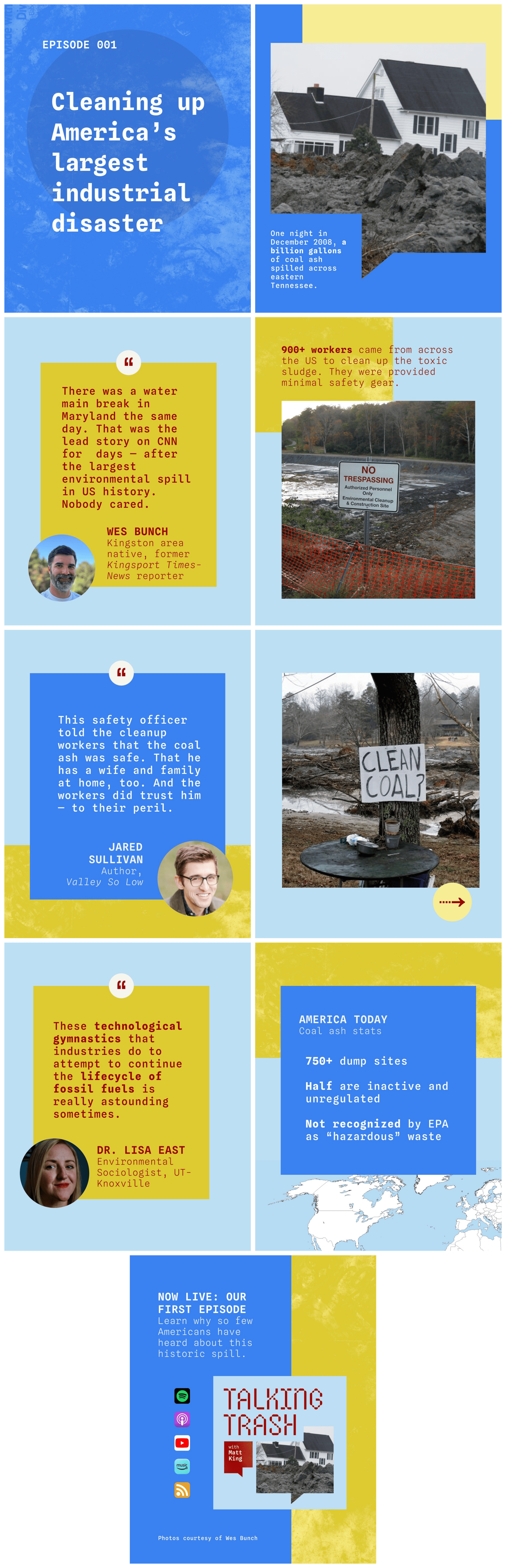 Nine stacked graphic slides from the podcast Talking Trash about the 2008 Kingston coal ash spill, when a billion gallons of coal ash flooded eastern Tennessee — America's largest industrial disaster.