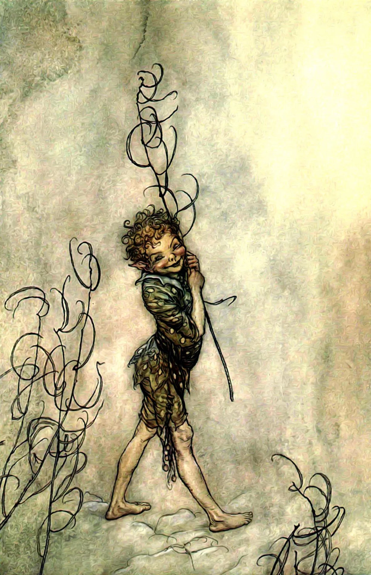 A whimsical illustration of a small humanoid creature with pointed ears, curly hair, and a mischievous smile. The creature is standing, holding a thin stick, surrounded by swirling, vine-like lines on a textured, watercolor background.